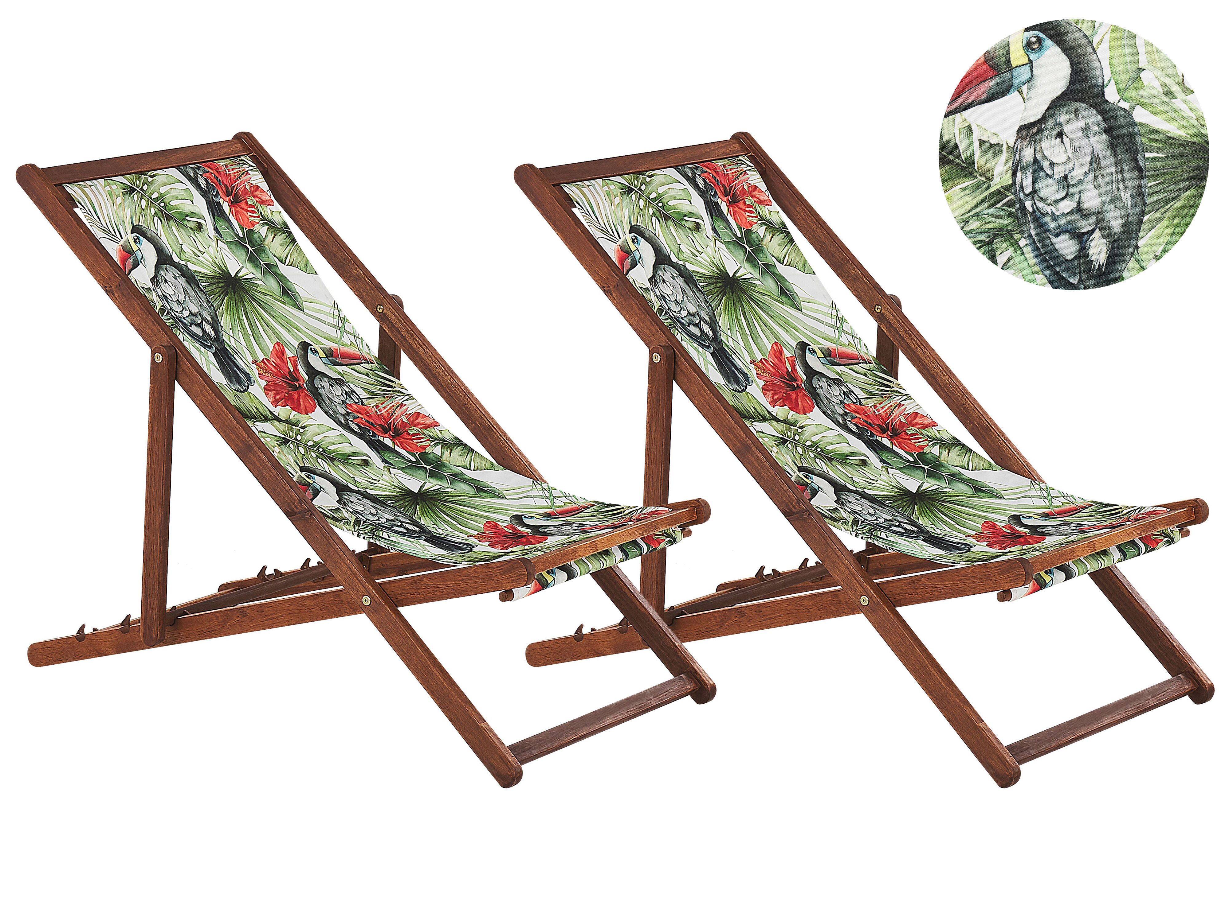 Set of 2 Folding Deck Chairs ANZIO with Replacement Fabrics Animal Motif Acacia Wood Dark Brown
