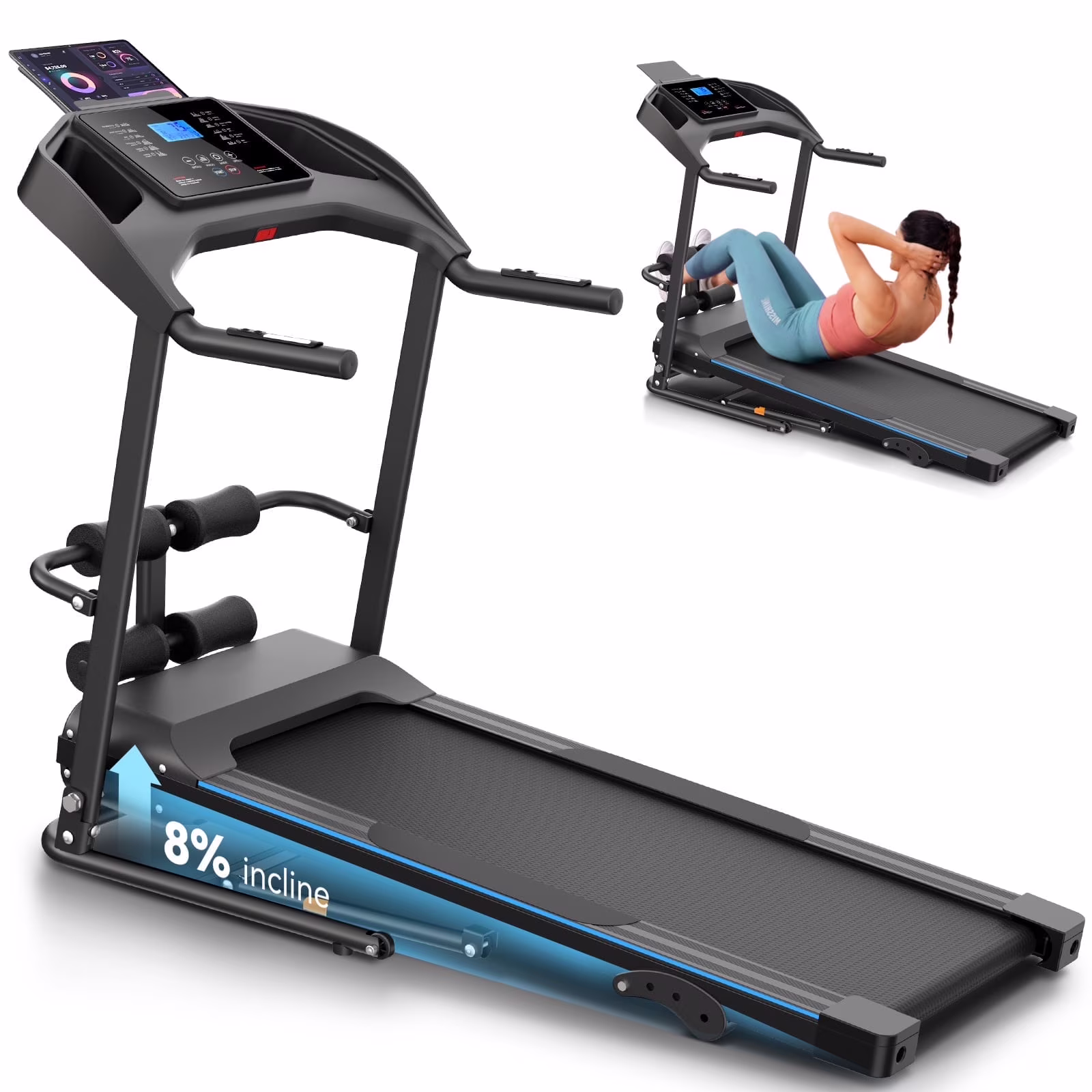 Treadmill with 8% Incline, 3.0 HP Foldable Compact Treadmill with Sit-up Function, 300 lbs Walking Running Treadmill with LCD Display for Exercise, 12 Programs - Image 7
