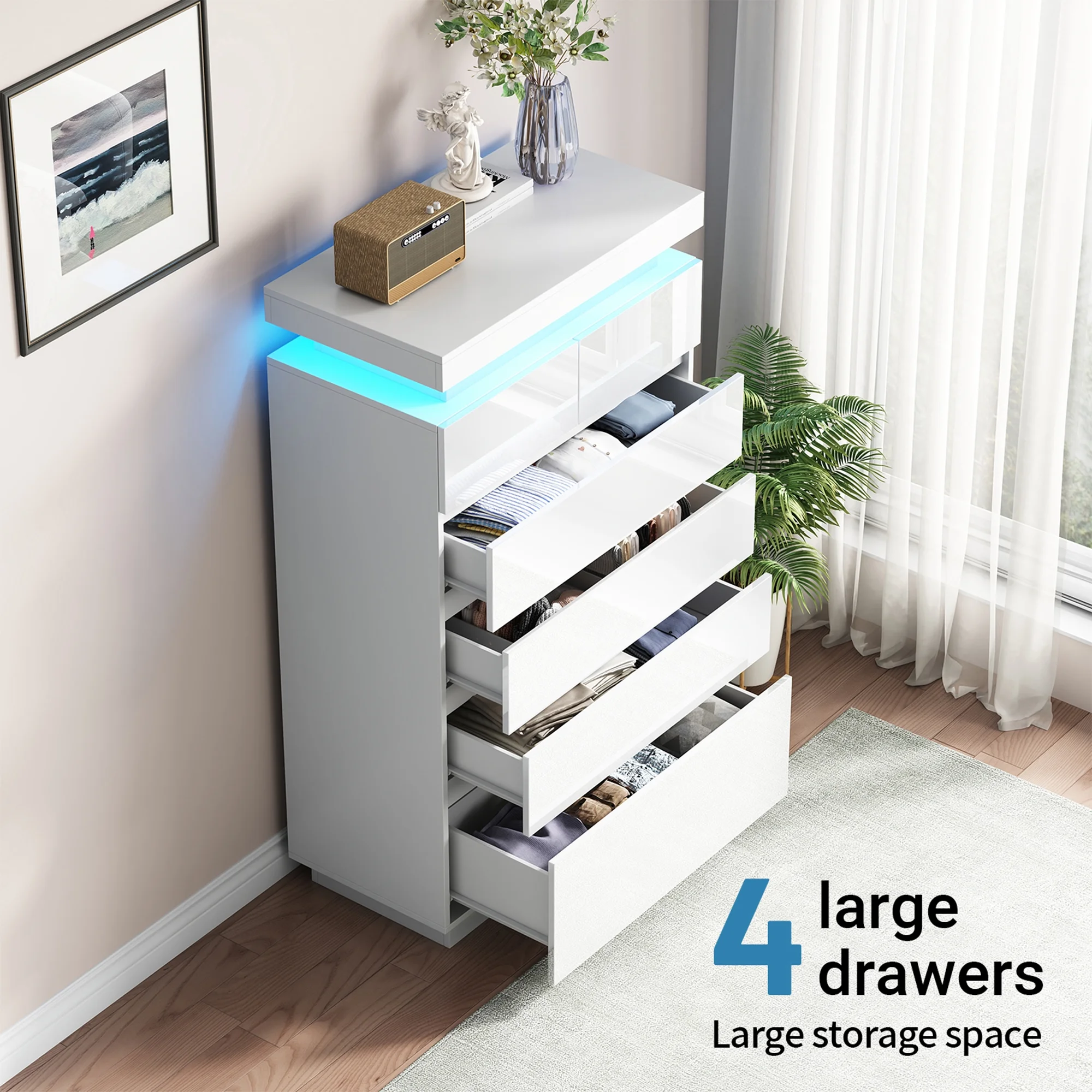 NEGYLIM 6 Drawer White Dresser, High Gloss Dresser with LED Light for Bedroom, Living Room, Hallway, Easy Assembly - Image 9