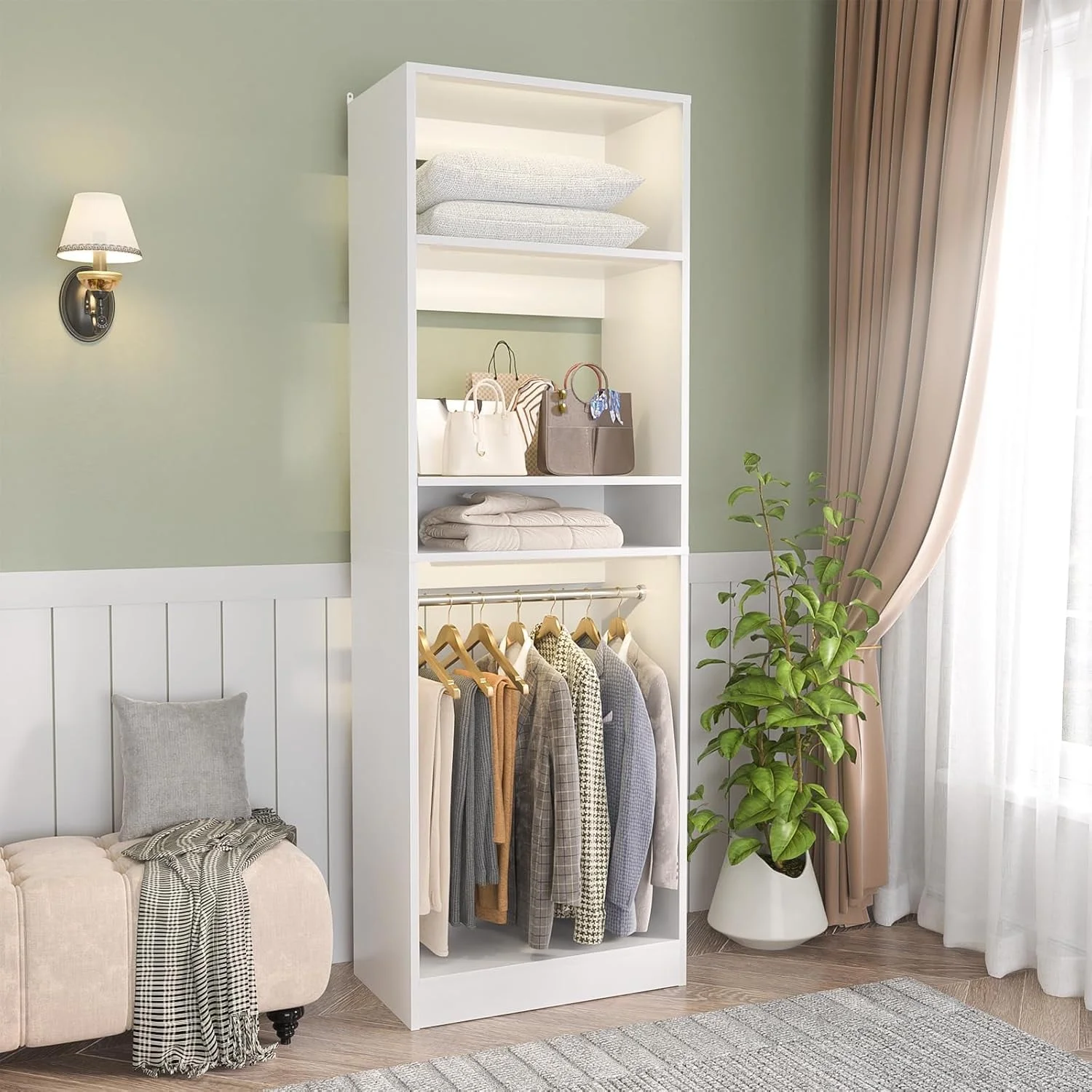 Homieasy 25�?Closet System, Freestanding Closet Organizer Wardrobe with Hanging Rods and Shelves, Adjustable Clothes Garment Rack, Sturdy Walk in Closet Tower, White - Image 8