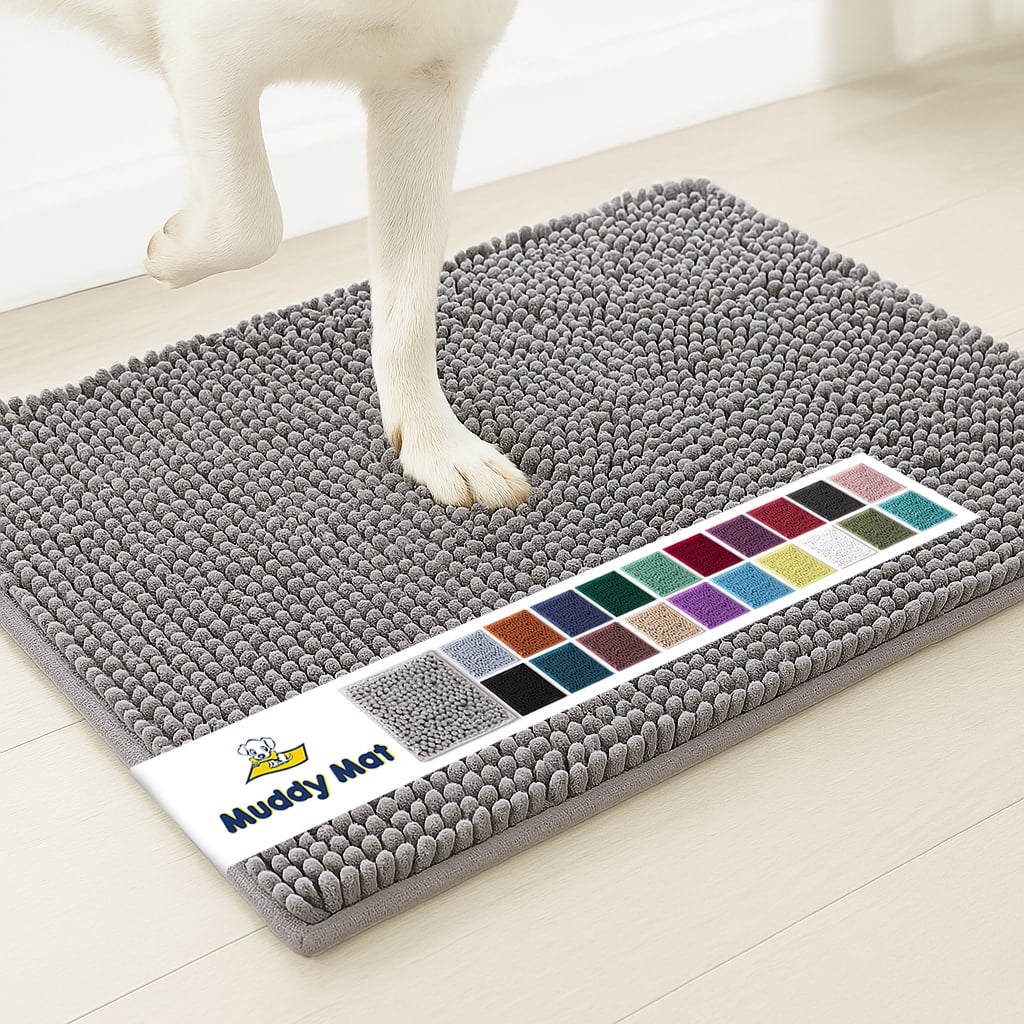 (4 pack) Muddy Mat® SHOWN ON TV Highly Absorbent Microfiber Door Mat and Pet Rug Non Slip Thick Washable Area and Bath Mat Soft Chenille for Kitchen Bathroom Bedroom Indoor and Outdoor - Grey Medium 30
