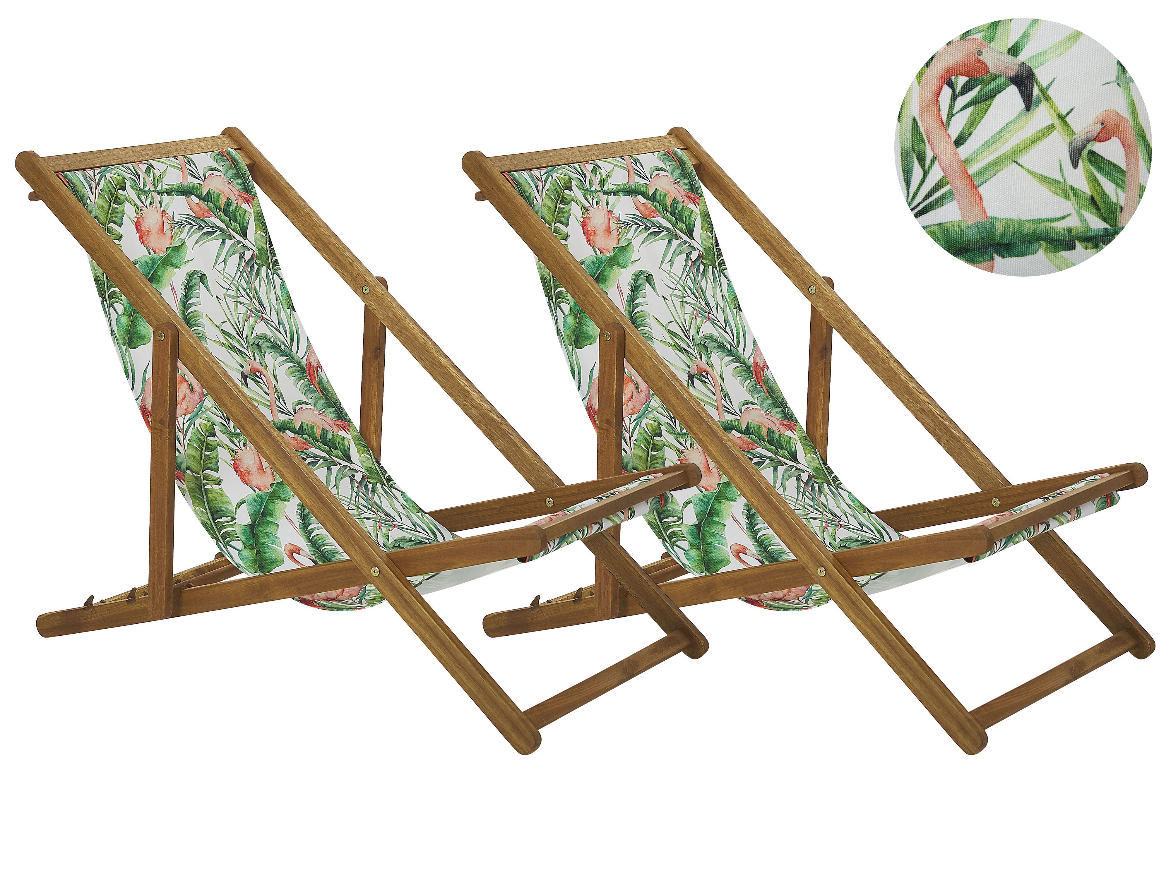 Set of 2 Folding Deck Chairs ANZIO with Replacement Fabrics Animal Motif Acacia Wood Light Brown