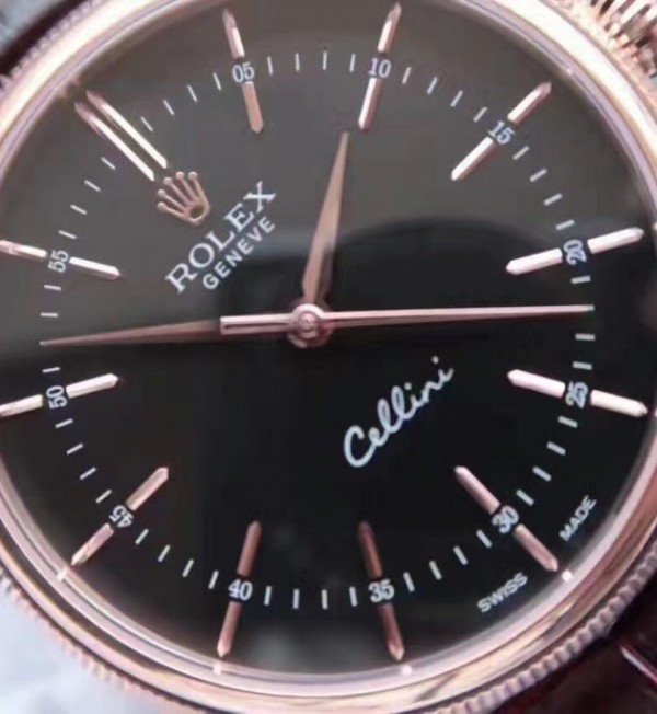 Replica Rolex MK Cellini Time 50505 Black Dial RG Leather Strap A3165 - Top club