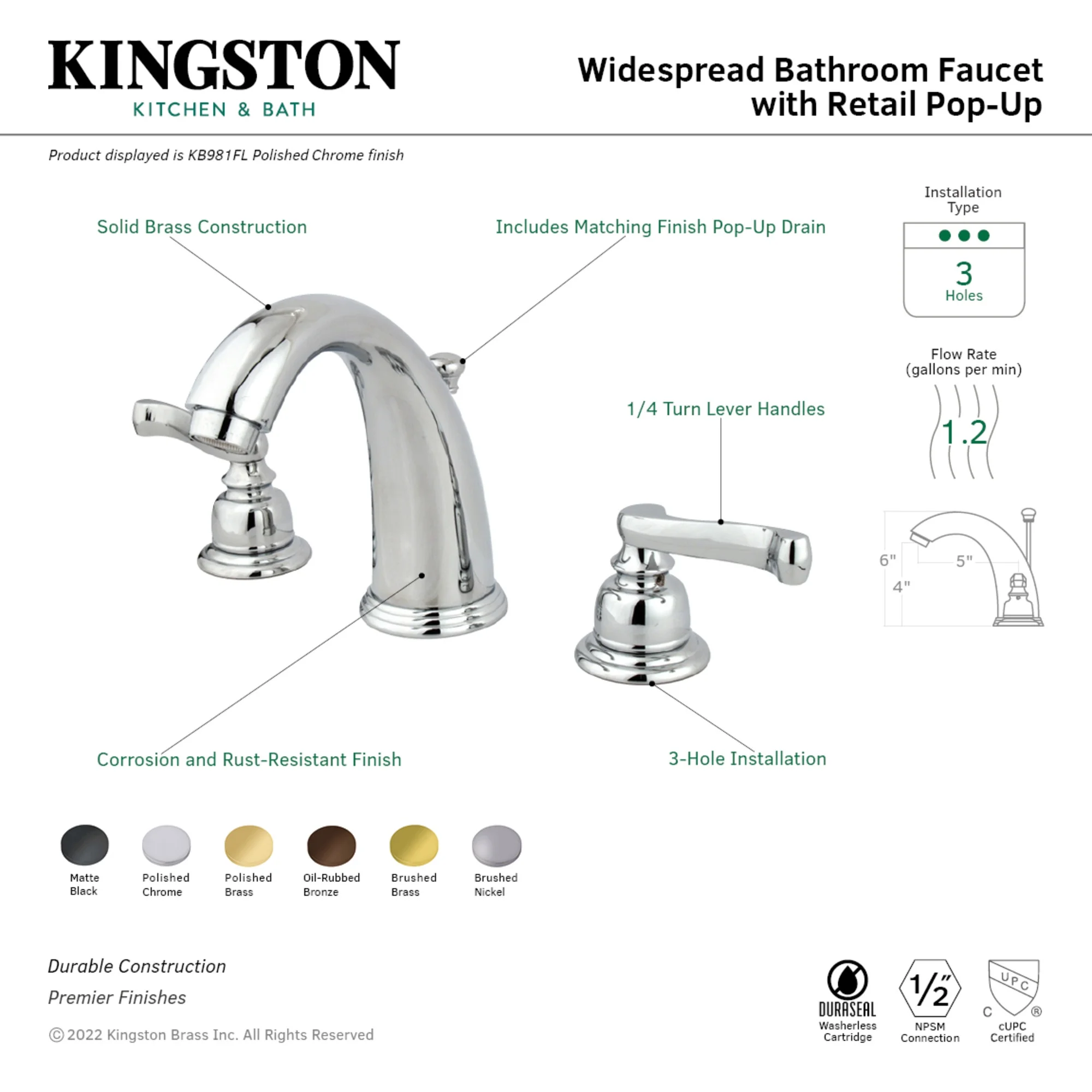 Kingston Brass KB982FL Widespread Bathroom Faucet, Polished Brass - Image 18