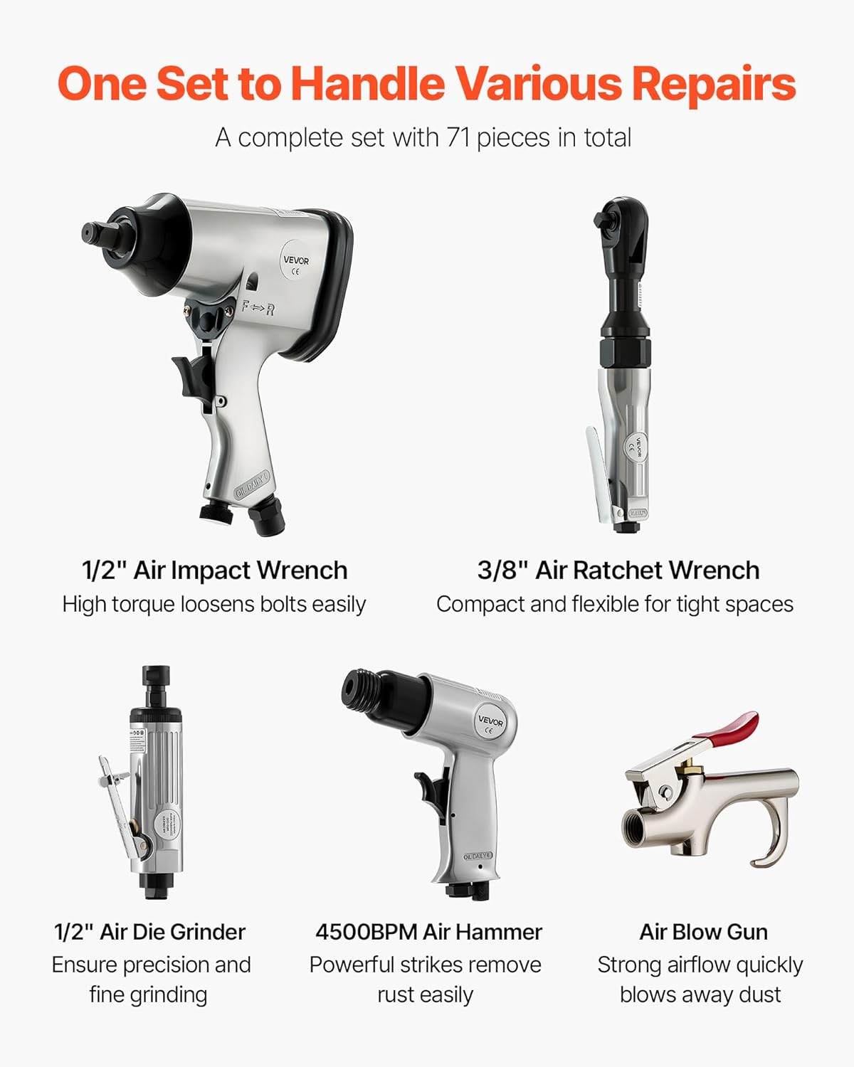 VEVOR 71 Pieces Pro Air Tool and Accessories Kit - 1/2