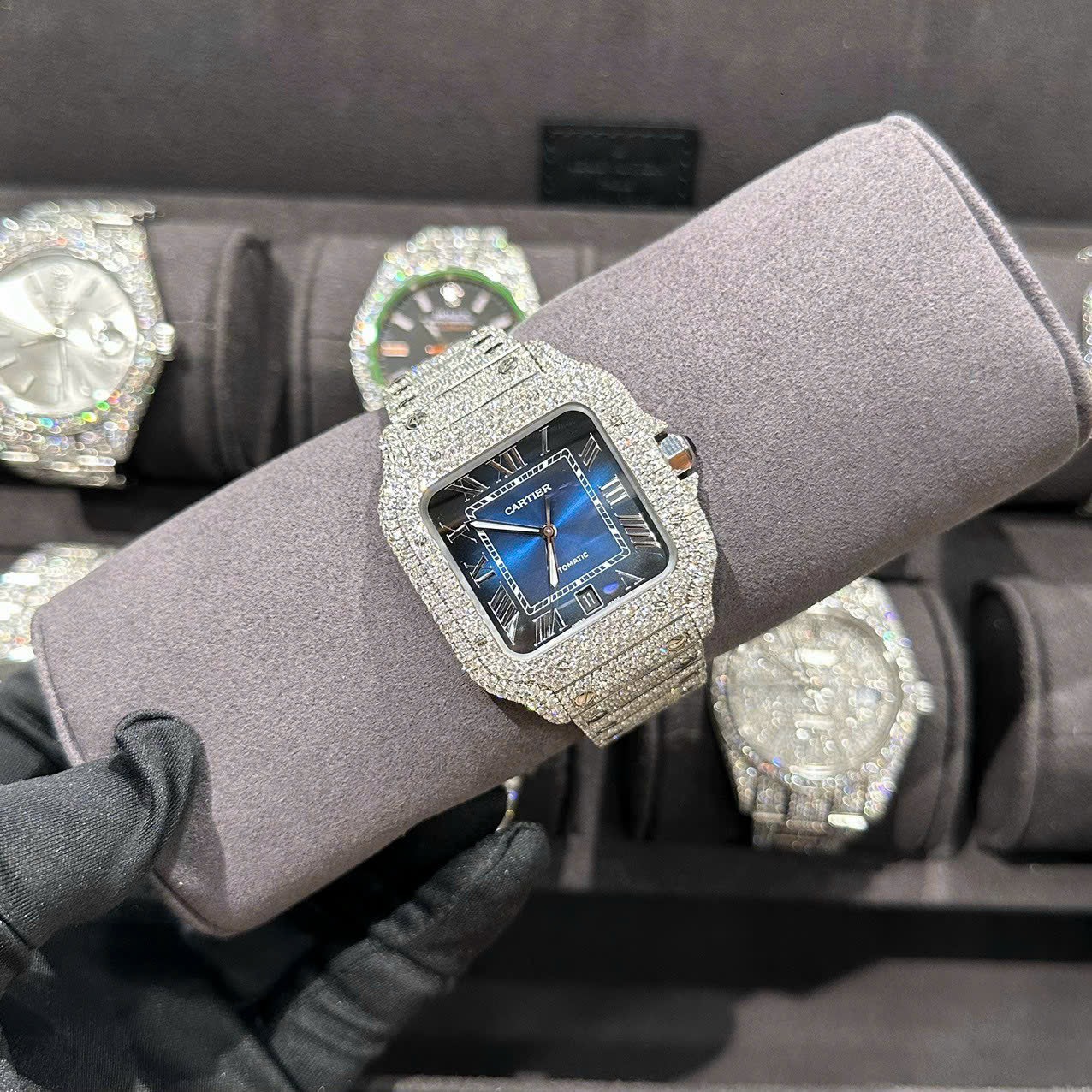 Cartier Santos Best Replica Watch With Full Natural Diamond VVS Blue Dial 39.8mm - Elite Watch Atelier