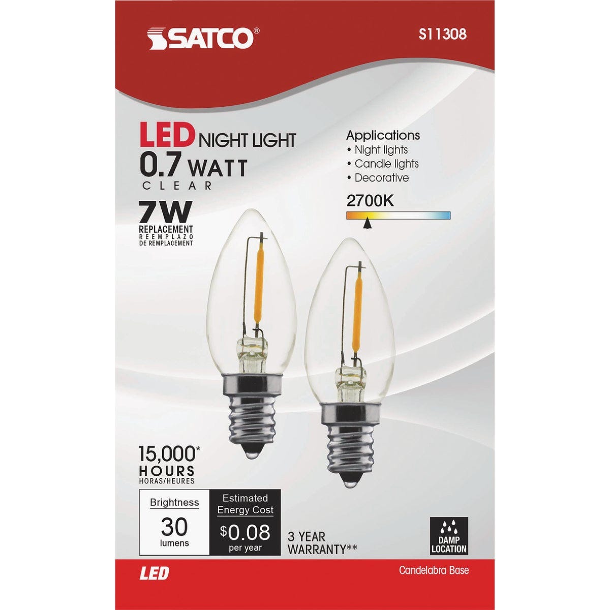 Satco 7W Equivalent C7 Candelabra Base 2700K Clear LED Bulb (2-Pack)