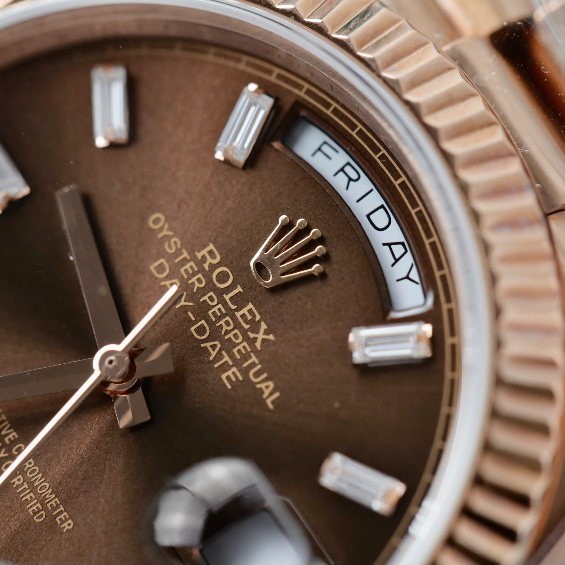 Rolex Day-Date Chocolate Dial Copies Watches Gold Wrapped + Moissanite Dial Markers Custom 40mm - Elite Watch Atelier