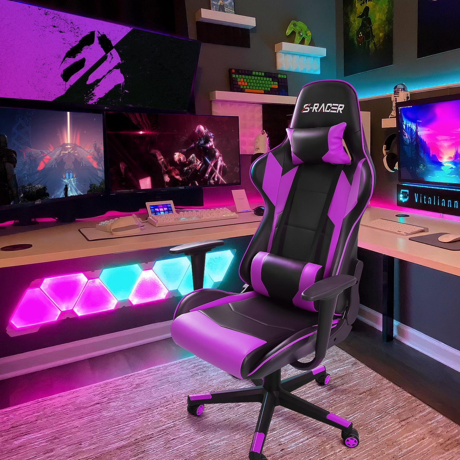 Homall Gaming Chair Office Chair High Back Computer Chair Leather Desk Chair Racing Executive Ergonomic Adjustable Swivel Task Chair with Headrest and Lumbar Support, Purple