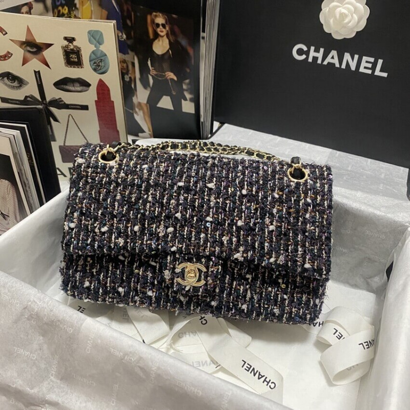 Replica Chanel Classic Flap Bag In Navy Blue Multicolor Glittered Tweed 11121:1High-quality replica