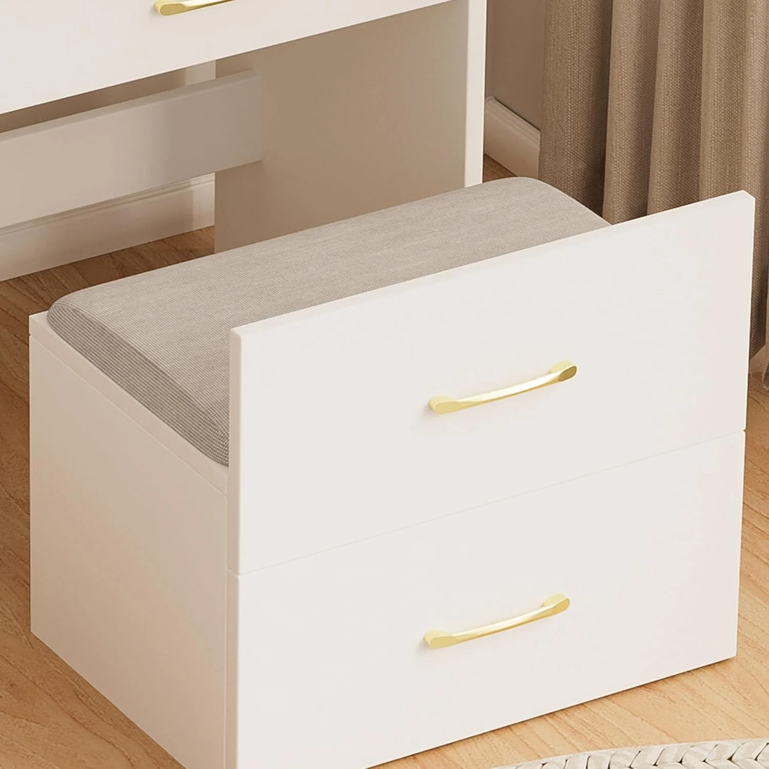 Montary Modern Mini Vanity w/Adjustable LED Mirror + Hidden Storage, Padded Stool & Dustproof Shelves (White) - Image 115