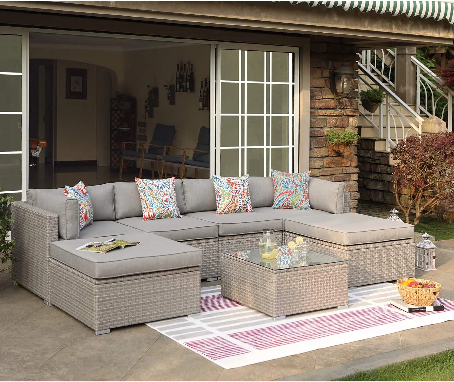 COSIEST 7-Piece Outdoor Patio Furniture Grey Wicker Sectional Sofa Set with Tempered Glass Coffee Table