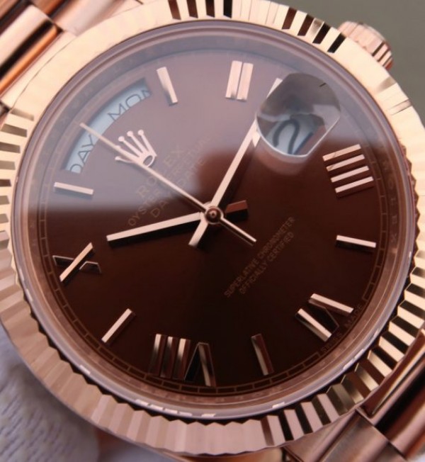 Replica Rolex Day-Date 40mm 228235 RG Noob Brown Dial Roman Markers RG Bracelet A3255 - Elite Watch Atelier
