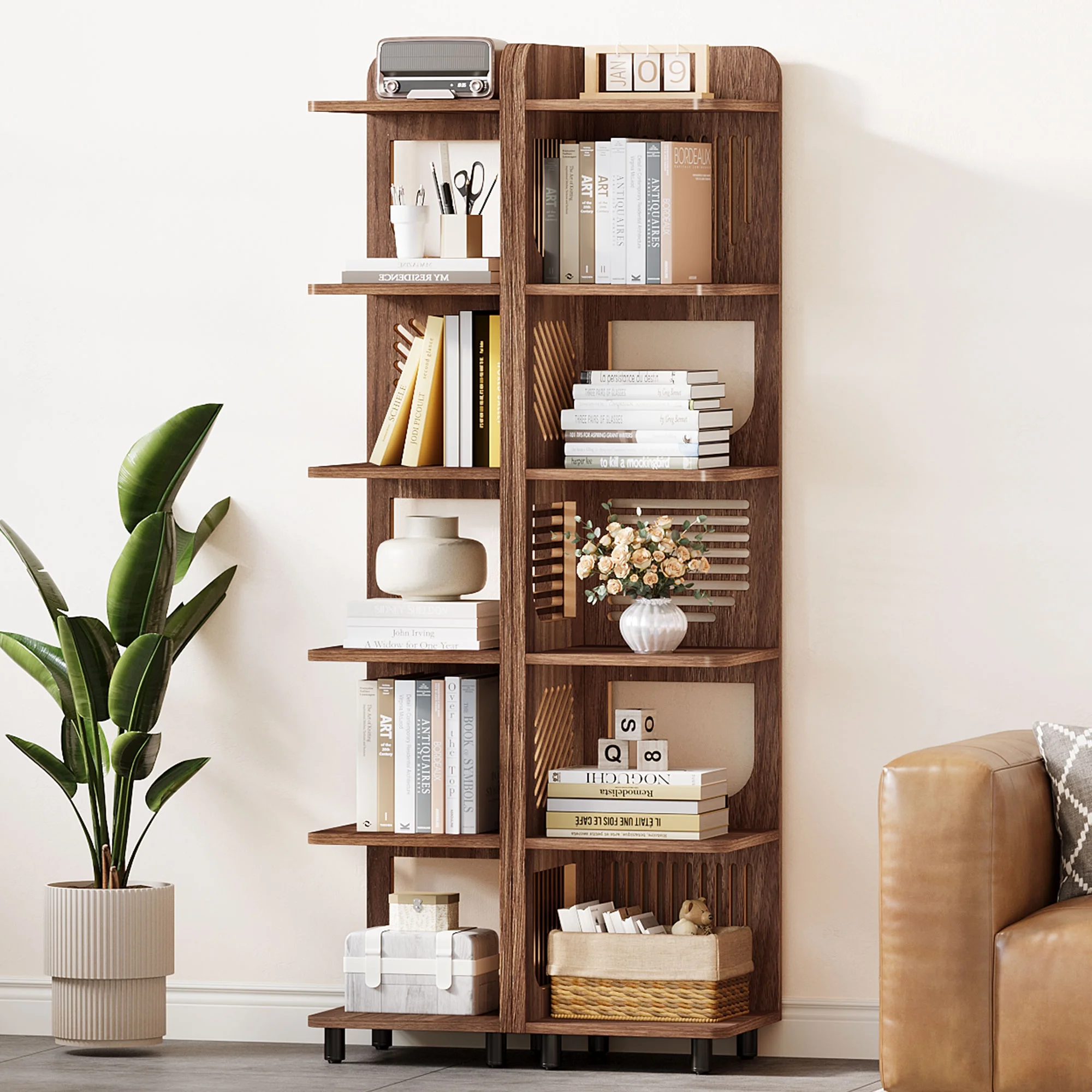 Fnova 71" 6-Tier Tall Corner Bookshelf, Rustic Wooden Narrow Corner Bookcase with Artistic Square Rack, Freestanding Display Storage Shelf for Space-Saving Home Organizing - Image 4