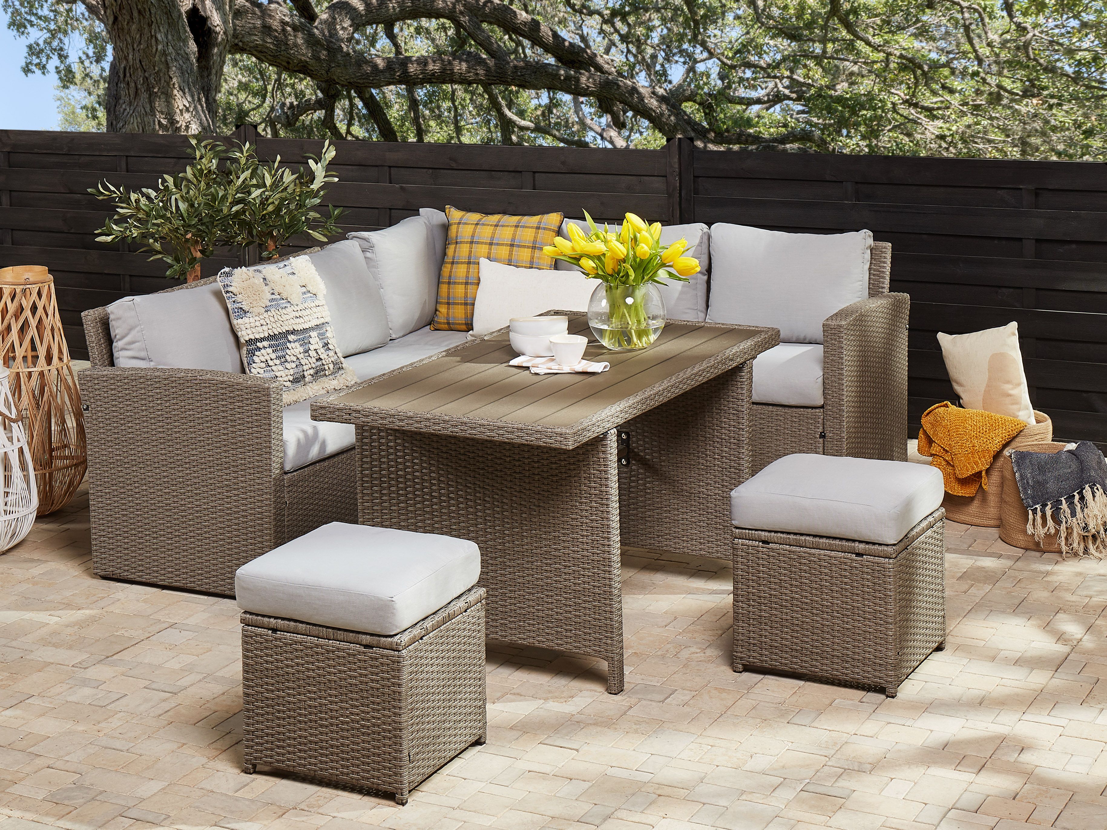 Garden Lounge Set with Table and Ottoman 5 Seater BARDI with Cushions PE Rattan Taupe