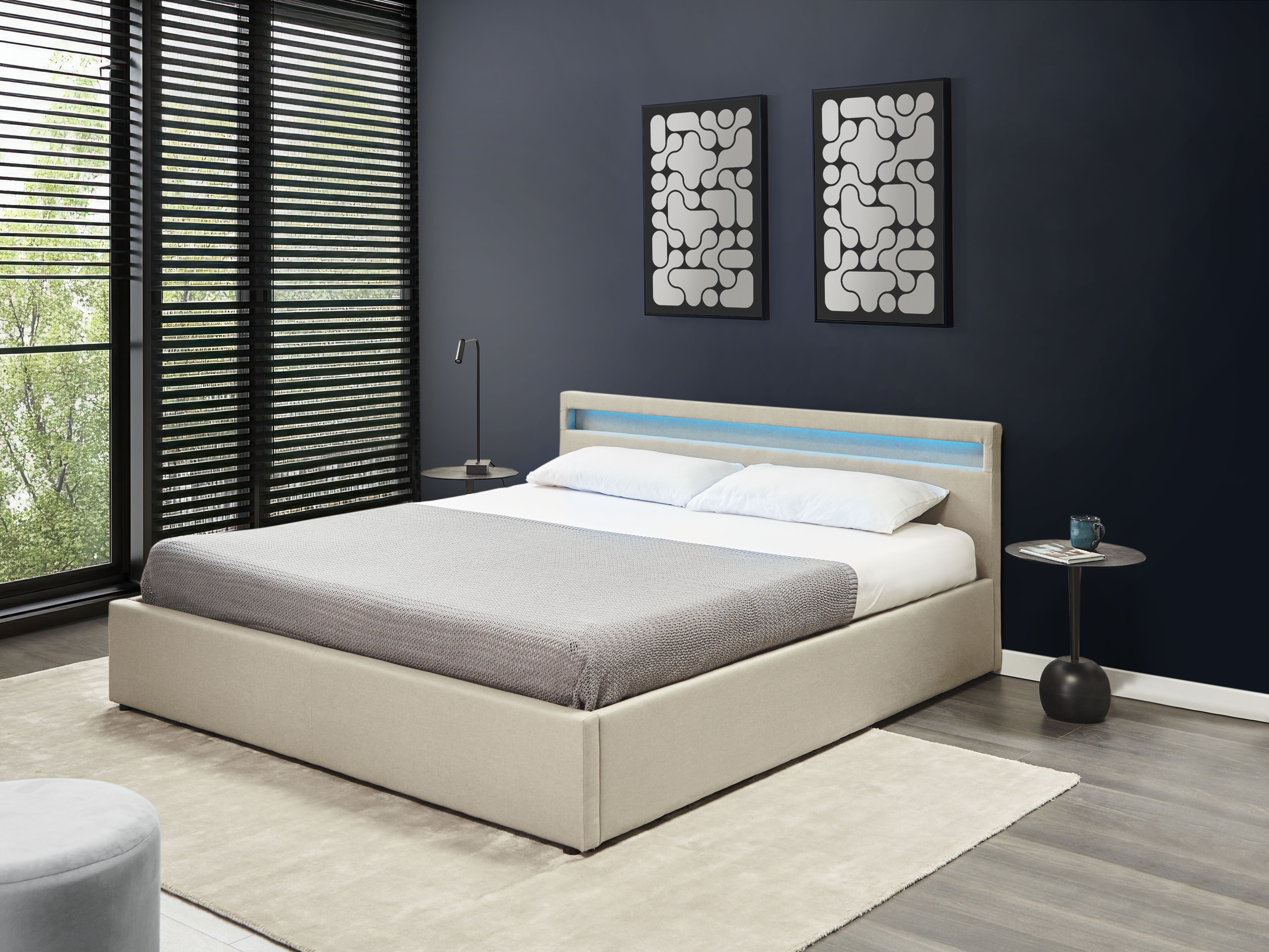 Ottoman Bed with LED Fabric ARMELLE 180 x 200 cm (EU Super King) Beige
