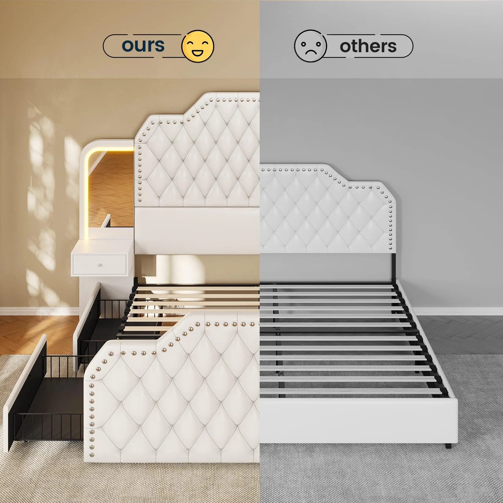 Queen Bed Frame with 2 Nighstands, Power Outlets and 4 Drawers, Upholstered Bed with Vanity Tables and Mirrors, Modern Velvet Tufted Platform Bed with Headboard & Footboard, Black - Image 14
