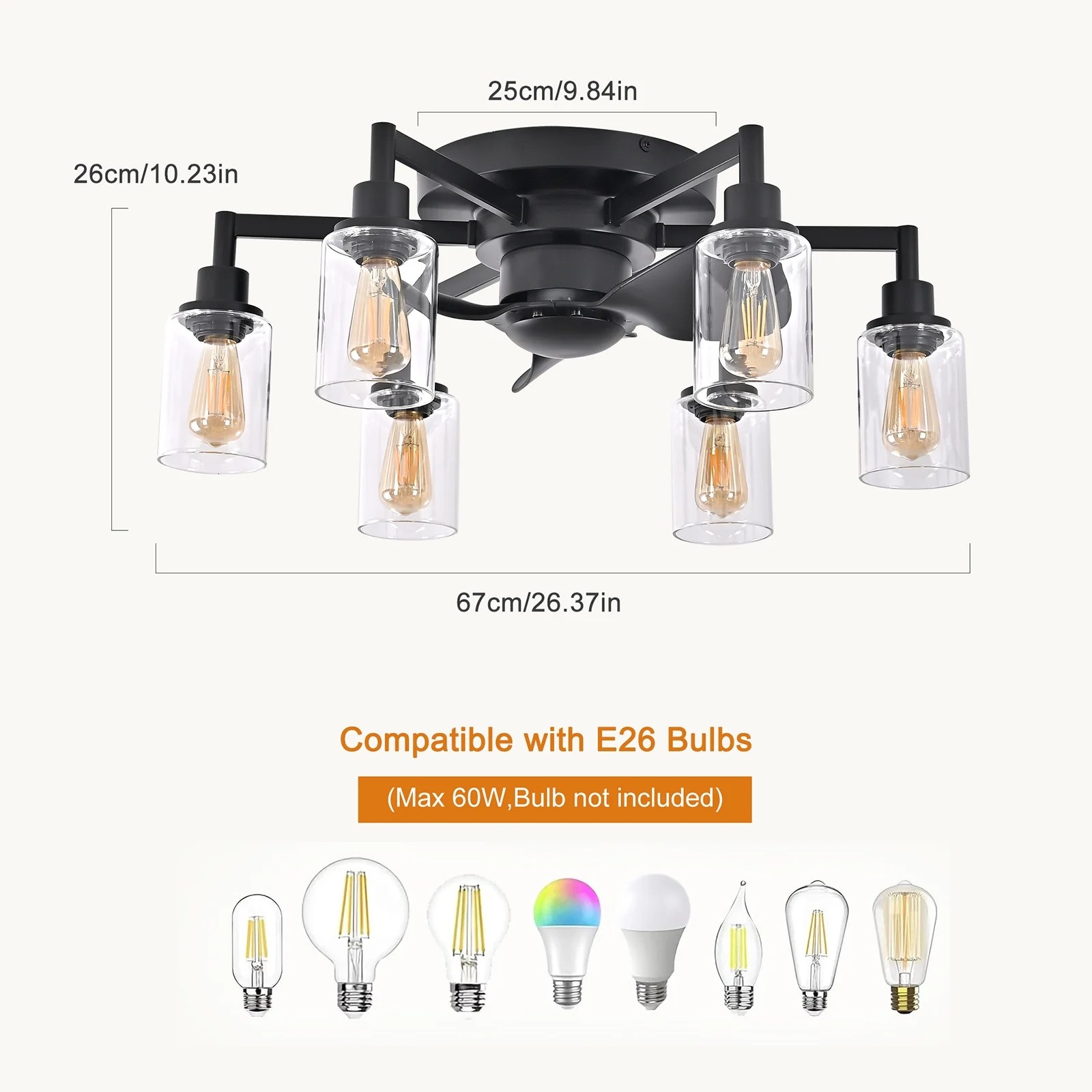 Garwarm 6-Light Ceiling Fan with Light, Indoor Industrial Black Ceiling Lights with Remote, Noiseless Reversible DC Ceiling Fans Bar Living Room Bedroom Hallway