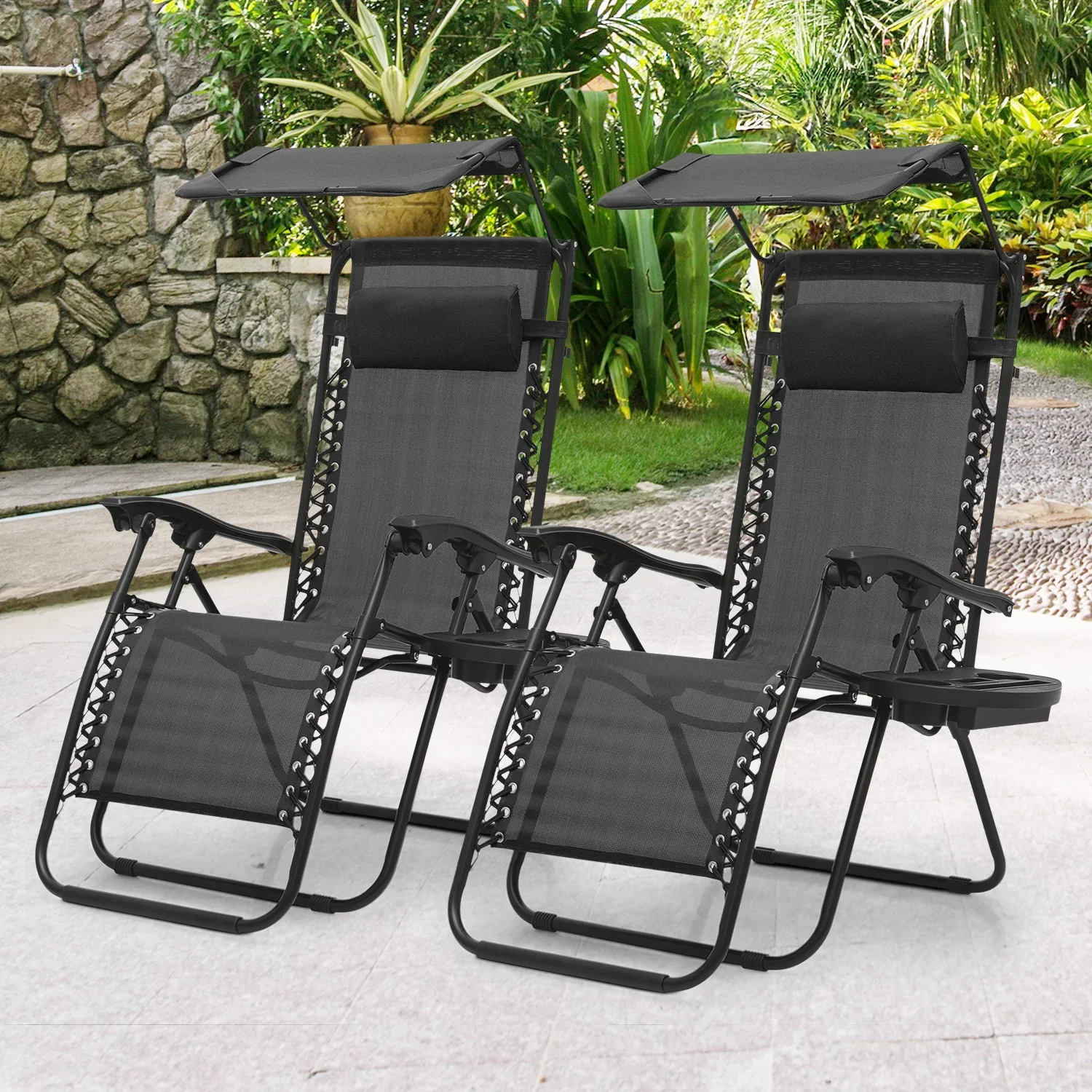 MoNiBloom Zero Gravity Reclining Chairs Set Of 2 With Canopy Shade And Headrest, Black - 330 lbs - Image 14 MoNiBloom Zero Gravity Reclining Chairs Set Of 2 With Canopy Shade And Headrest, Black - 330 lbs - Image 14