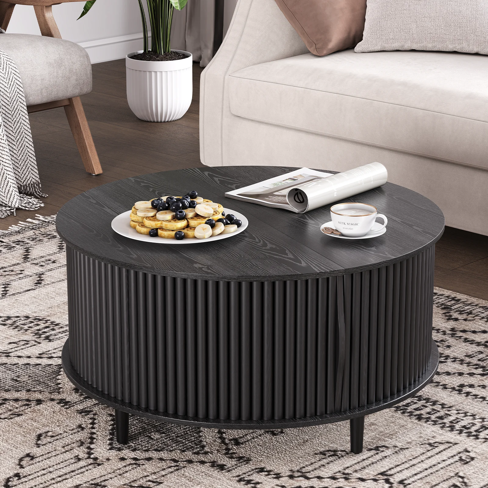 JOINICE Round Coffee Table with Storage and Sliding Door,Mid Century Modern Wooden Center Table,for Living Room,Walnut - Image 18
