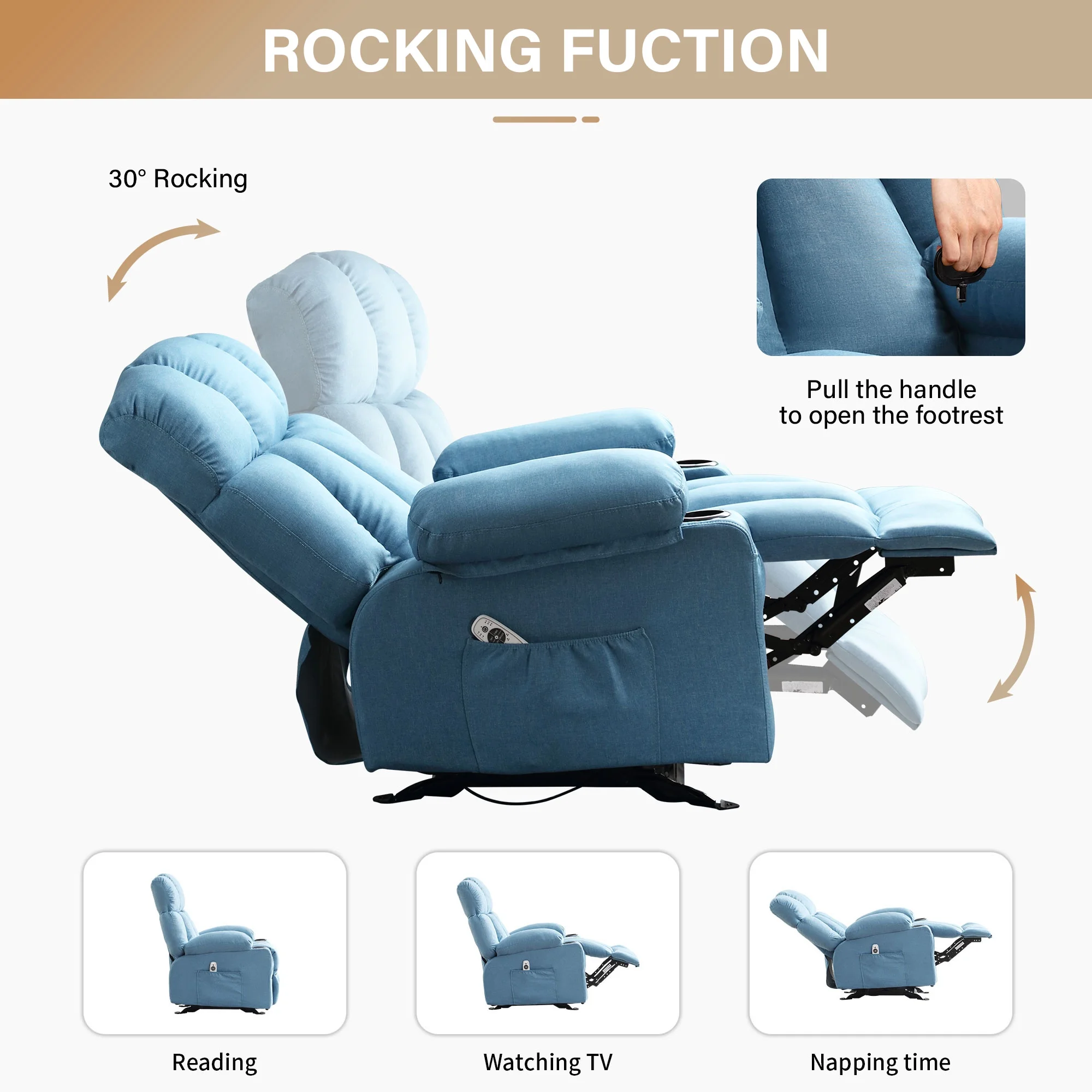JONPONY Manual Recliner Chair with Heat Therapy and Massage Function, Heavy Duty Reclining Mechanism Massage Chair, Elderly Single Rocker Sofa with Cup Holders for Bedroom Home Theater,Grey - Image 57