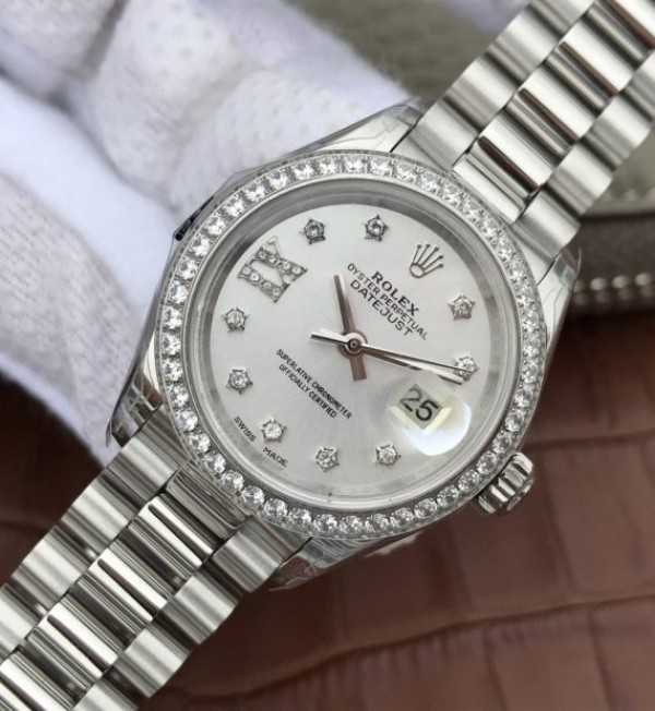 Replica Rolex DateJust 28mm Diamonds Bezel White Dial Diamonds Rome Markers Bracelet A2236 - Elite Watch Atelier