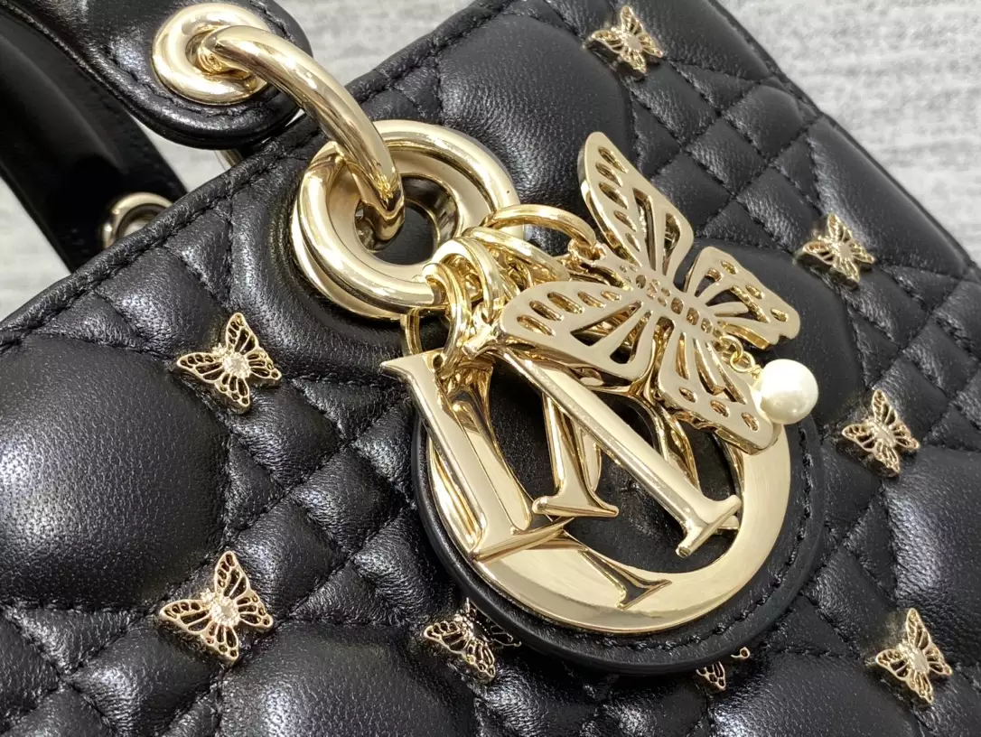 Medium Lady D-Joy Bag Black Cannage Lambskin with Gold-Finish Butterfly Studs1:1High-quality replica