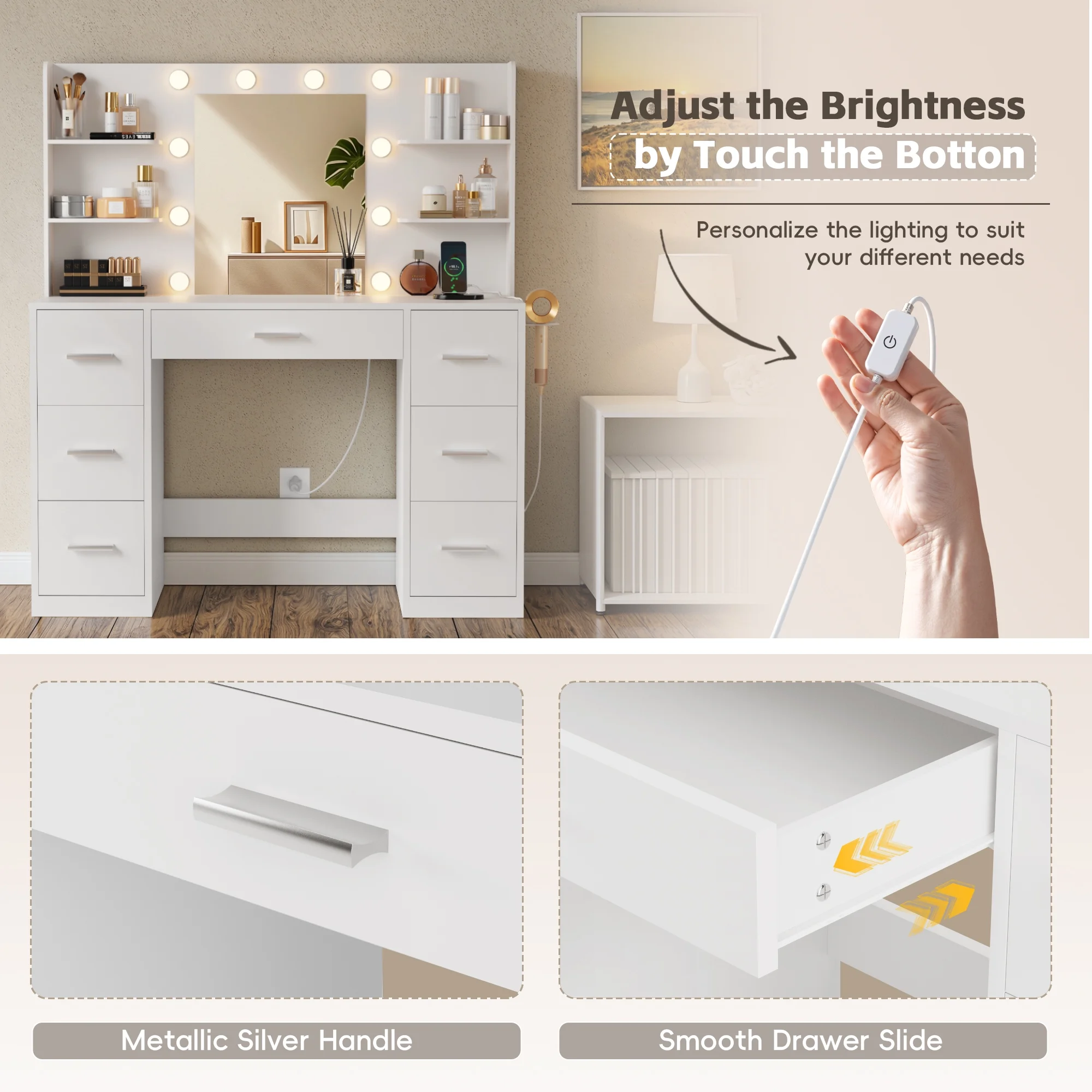 Lacoo Vanity Desk with Mirror and LED Lights, Makeup Vanity with 7 Drawers & 4 Shelves, Vanity Table with Power Outlet for Bedroom Dressing Room, White - Image 8
