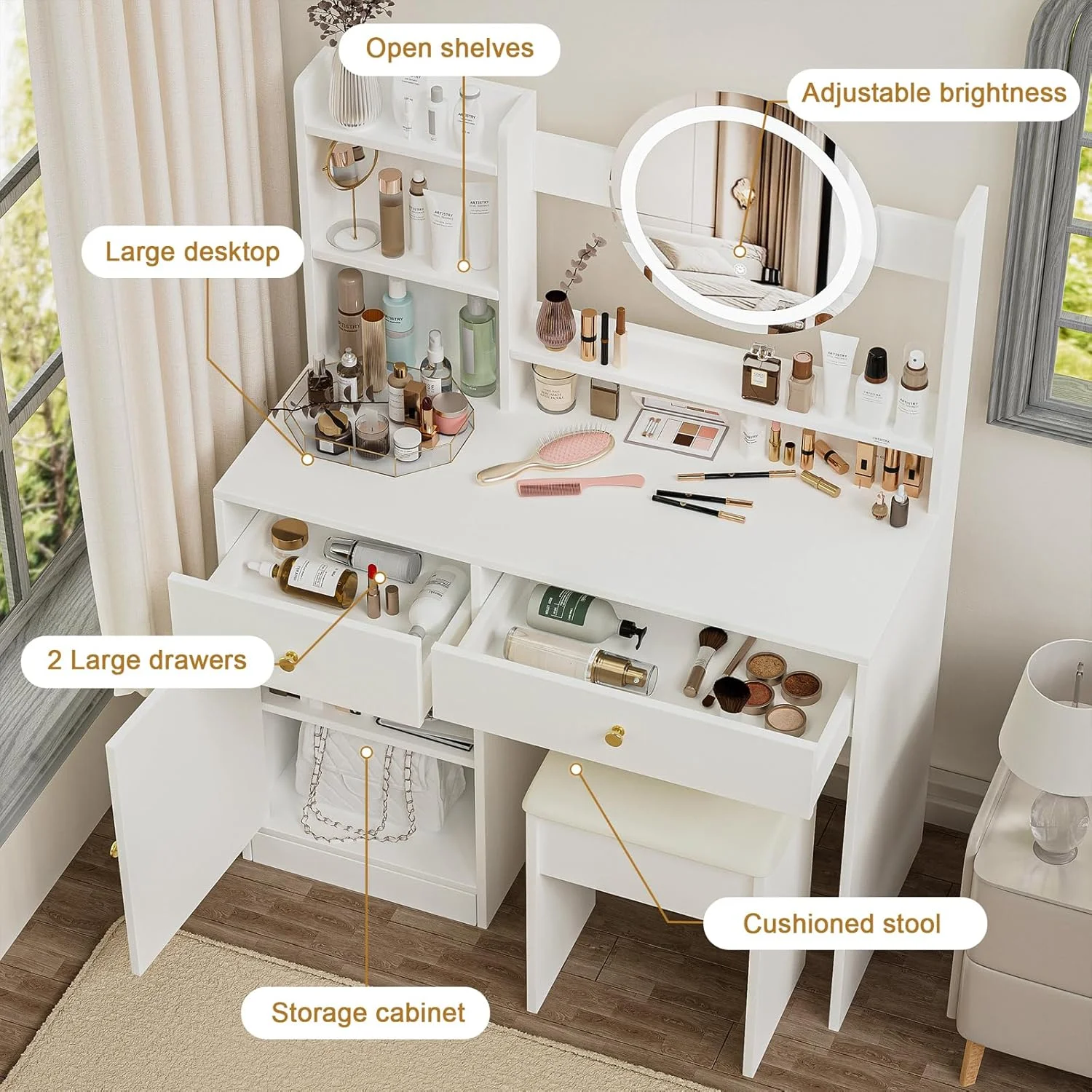 Montary Modern Mini Vanity w/Adjustable LED Mirror + Hidden Storage, Padded Stool & Dustproof Shelves (White) - Image 114