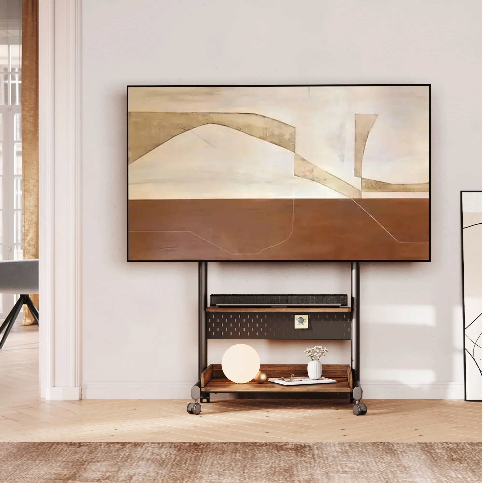 FITUEYES Rolling TV Stand with Wheels for 40-85 inch TVs, Height Adjustable Mobile TV Stand TV cart with Wooden Large Storage,White - Image 19