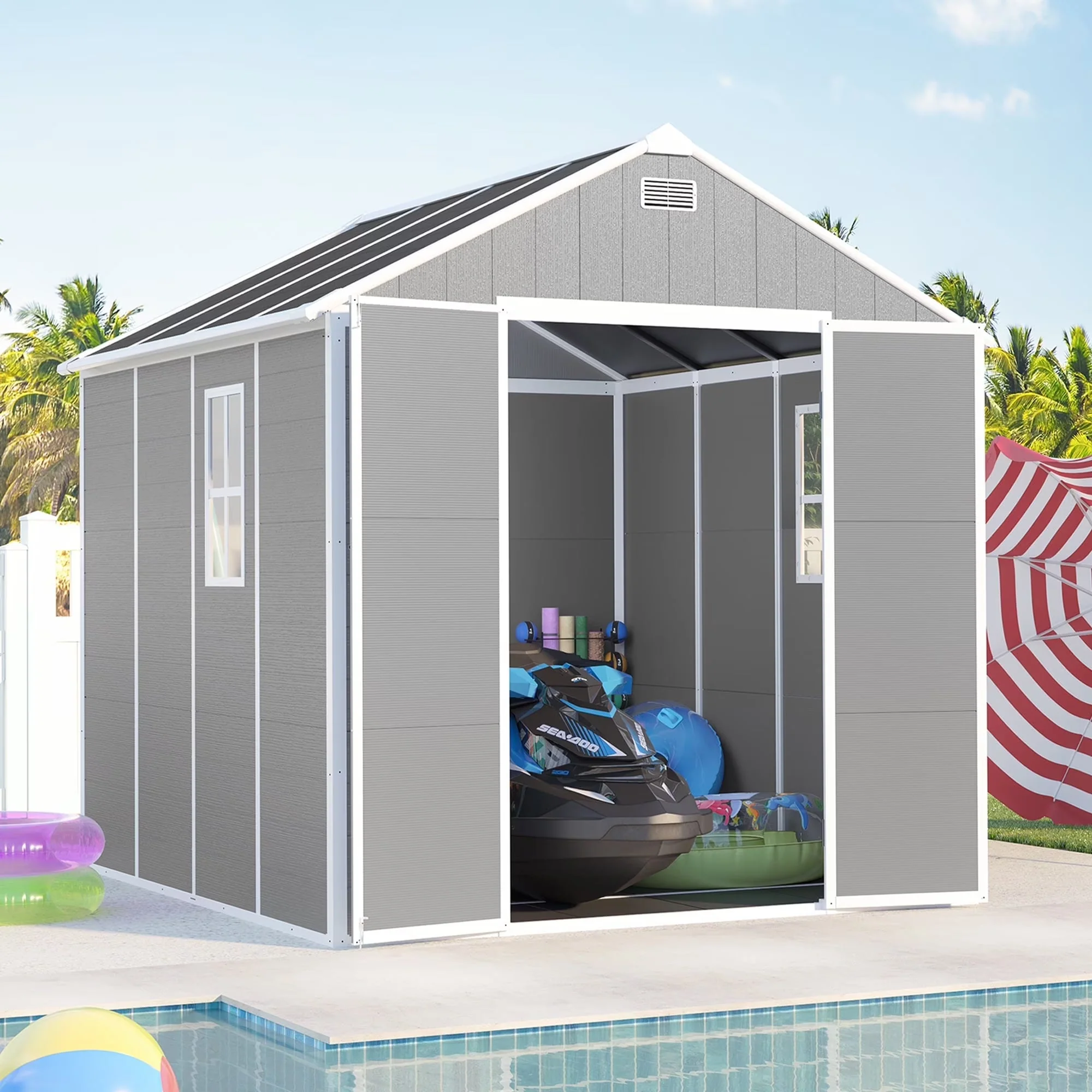 Seizeen Resin Outdoor Storage Shed With Floor, Light Gray, 82 in H - Image 3 Seizeen Resin Outdoor Storage Shed With Floor, Light Gray, 82 in H - Image 3
