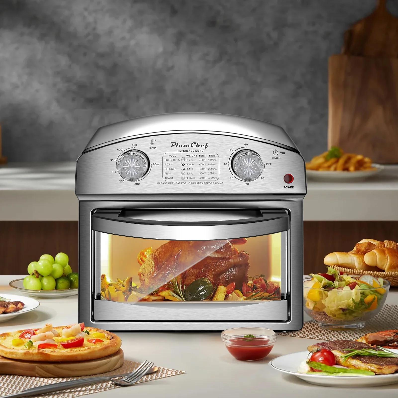 Plum Chef 13 Quart Air Fryer, Large Air Fryer Oven Toaster Combo w/ 60 Minute Timer , Convection Oven Countertop, Accessories, UL Certified, Nonstick, Accessories Included, 1500W, Sliver