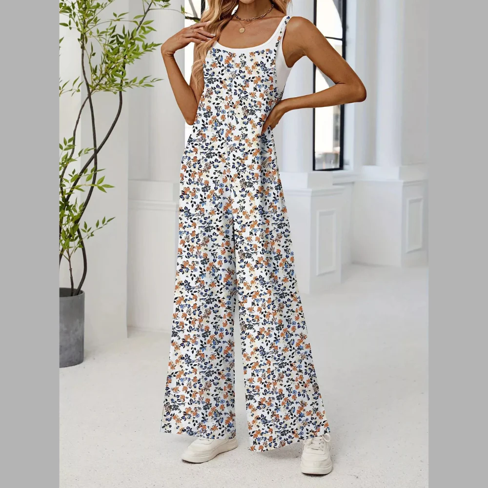 Full Size Floral Print Wide Leg Casual Jumpsuit Plus Size - ZKZOOK