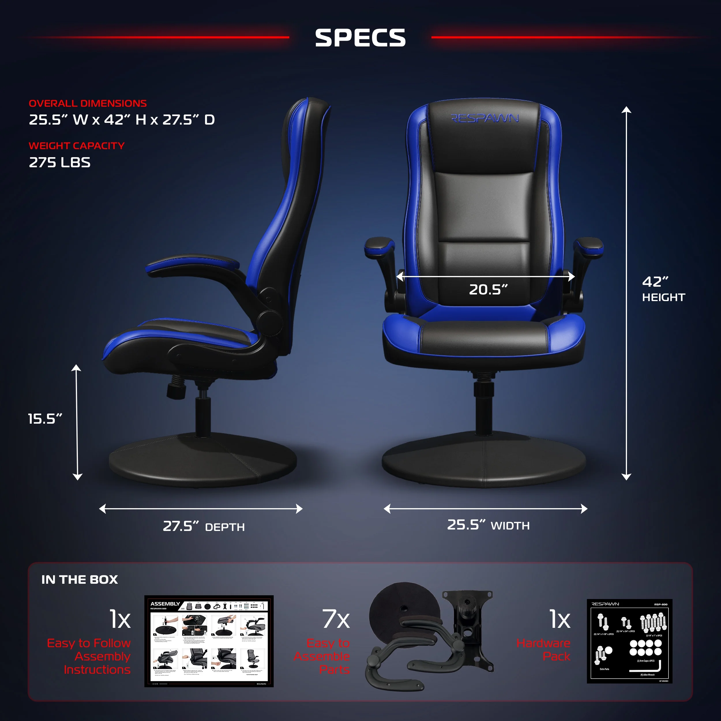 RESPAWN 800 Swivel Rocker Gaming Chair - Ergonomic Floor Gaming Seat with Lumbar Support, Flip Up Armrest, High Back, Pedestal Base, Comfortable No Wheels Console Video Game Rocker Chair - Red - Image 28