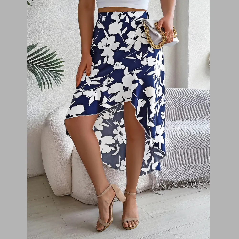 Floral Print Ruffle Hem Asymmetrical Skirt - ZKZOOK