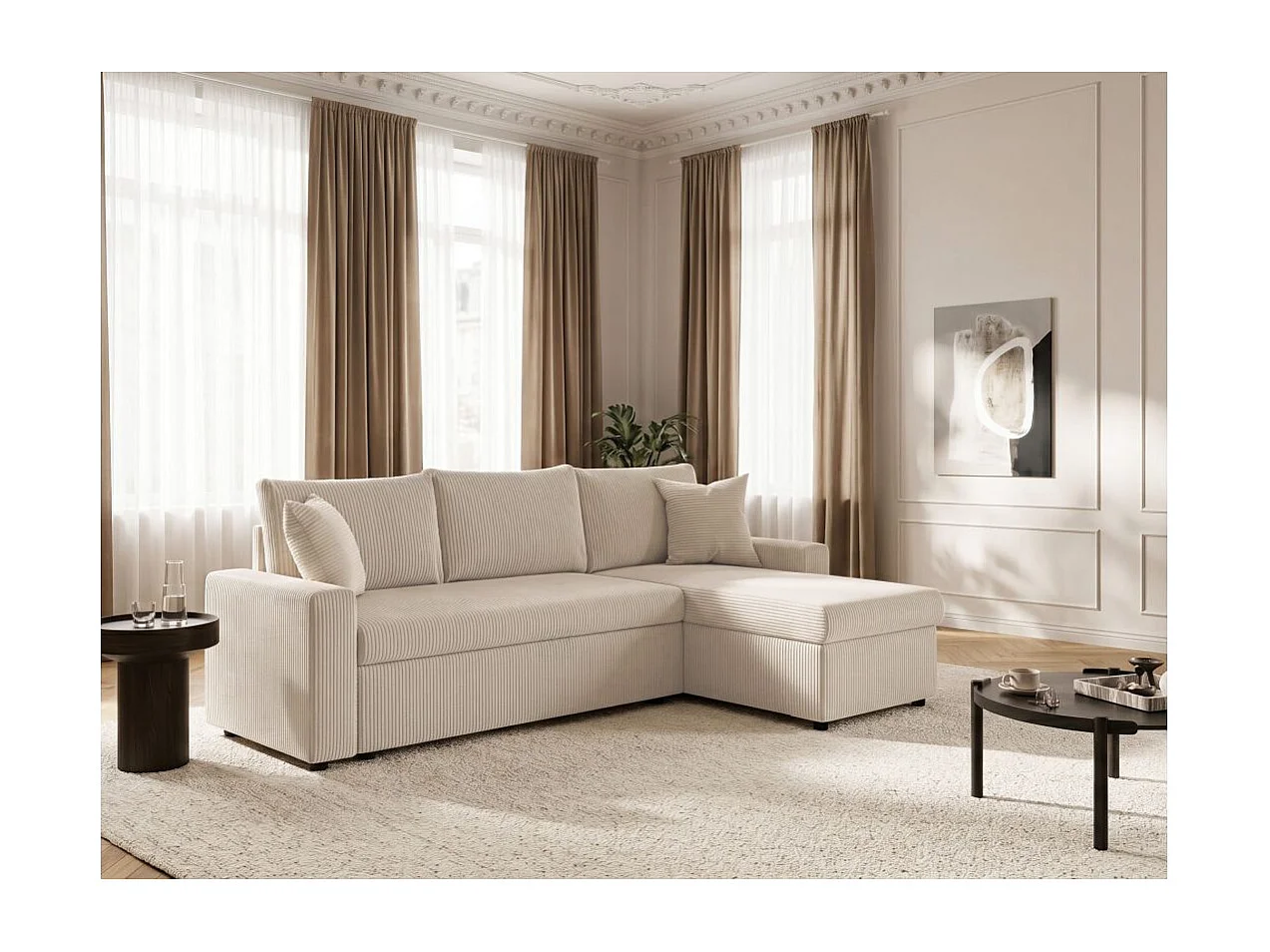 Canapé d'angle 3 places Maria réversible, convertible avec coffre en velours côtelé - Écru - L227 x P146 x H81cm - Loungitude