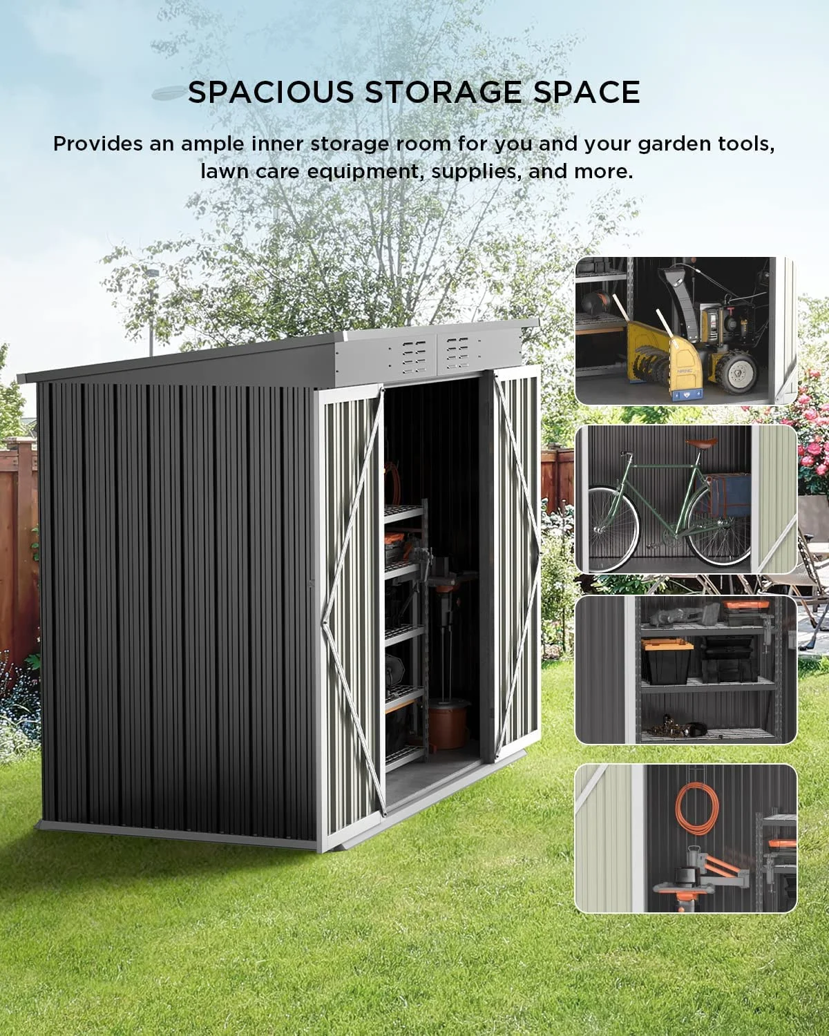 5'x3' Outdoor Storage Shed, Lofka Metal Storage Tool Shed with Single Lockable Door, for Bike| Garden Tools| Patio, Grey - Image 42
