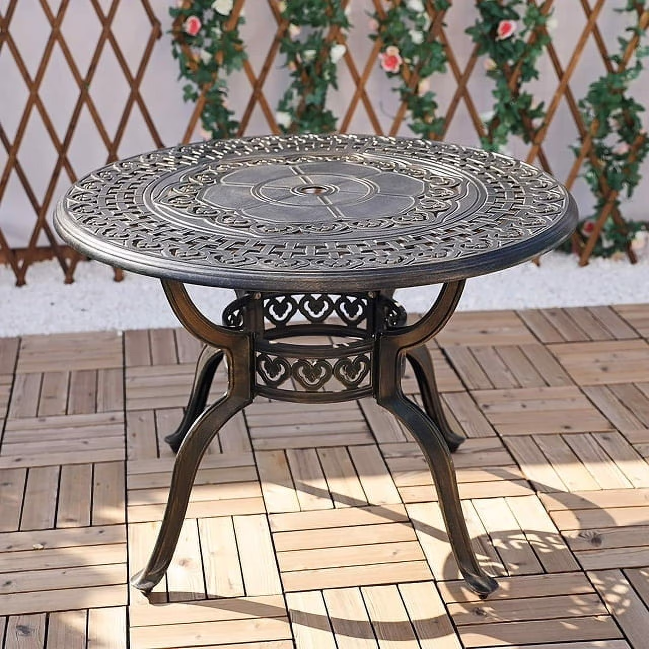 VIVIJASON 38.3" Patio Bistro Table Outdoor Dining Round Table Bronze Cast Aluminum Table with Umbrella Hole
