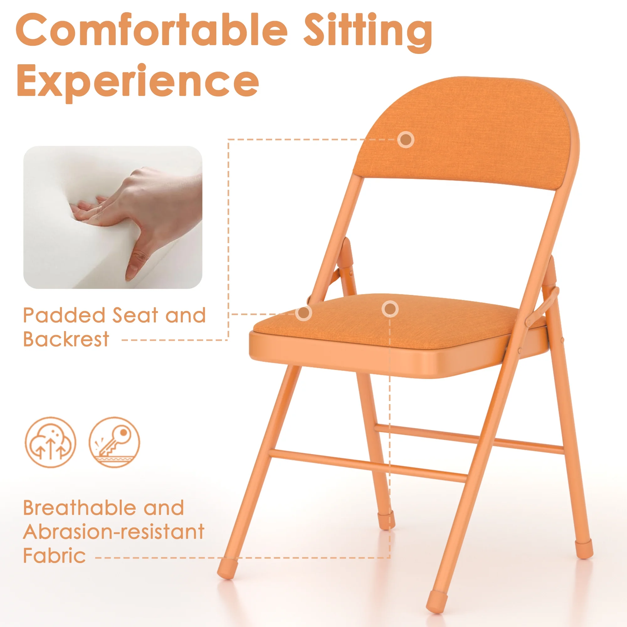 VECELO Set of 4 Folding Chairs, Fabric Dining Chair Set with Padded Cushion and Back, Indoor Outdoor Upholstered Seat with Metal Frame for Home Office Events Wedding Party, Orange - Image 6