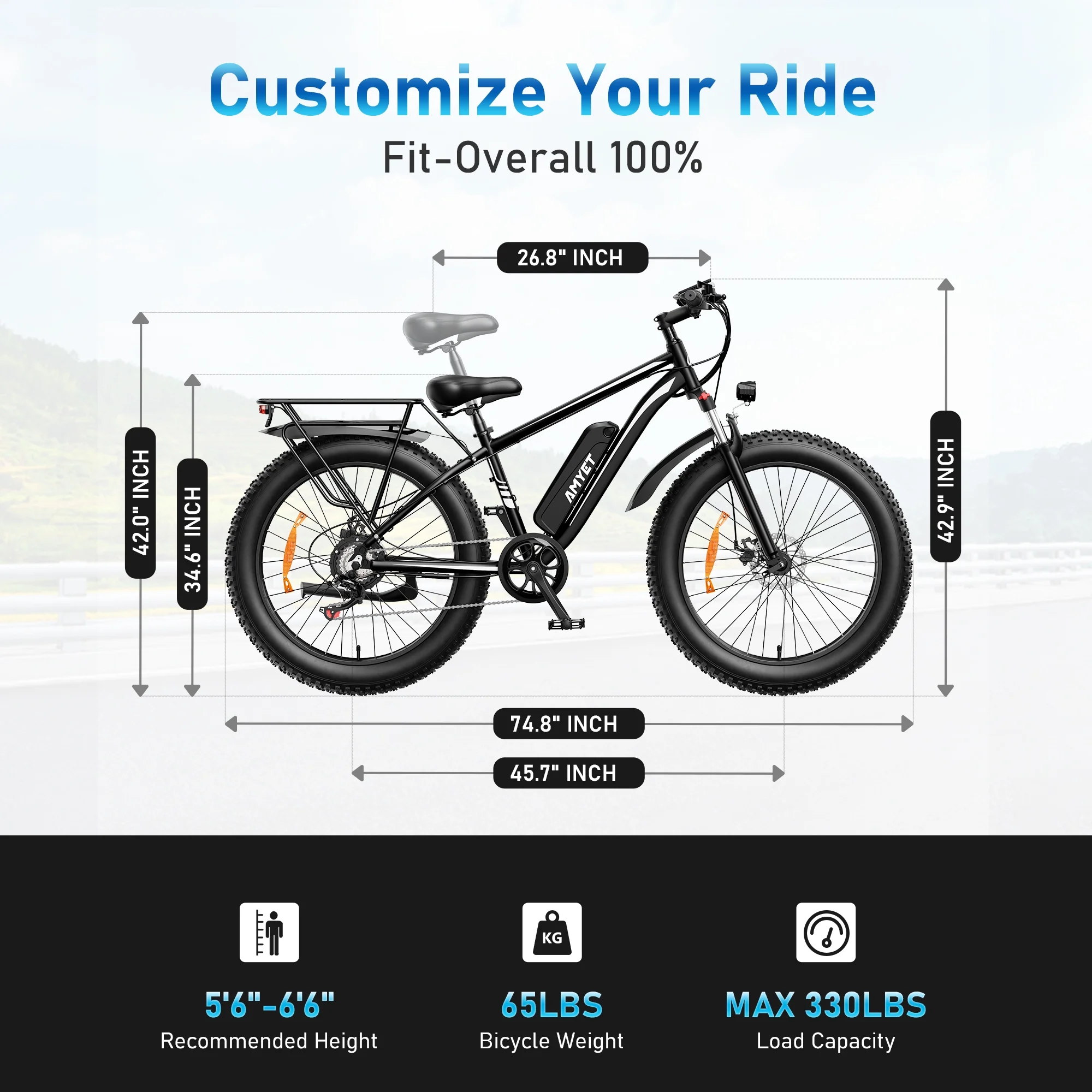 AMYET EB26 Electric Bike for Adults, 26*4.0 Fat Tire E-Mountain Bicycle,Peak 1500W Motor 48V 15Ah 7-Speed Ebike UL2849 - Image 15