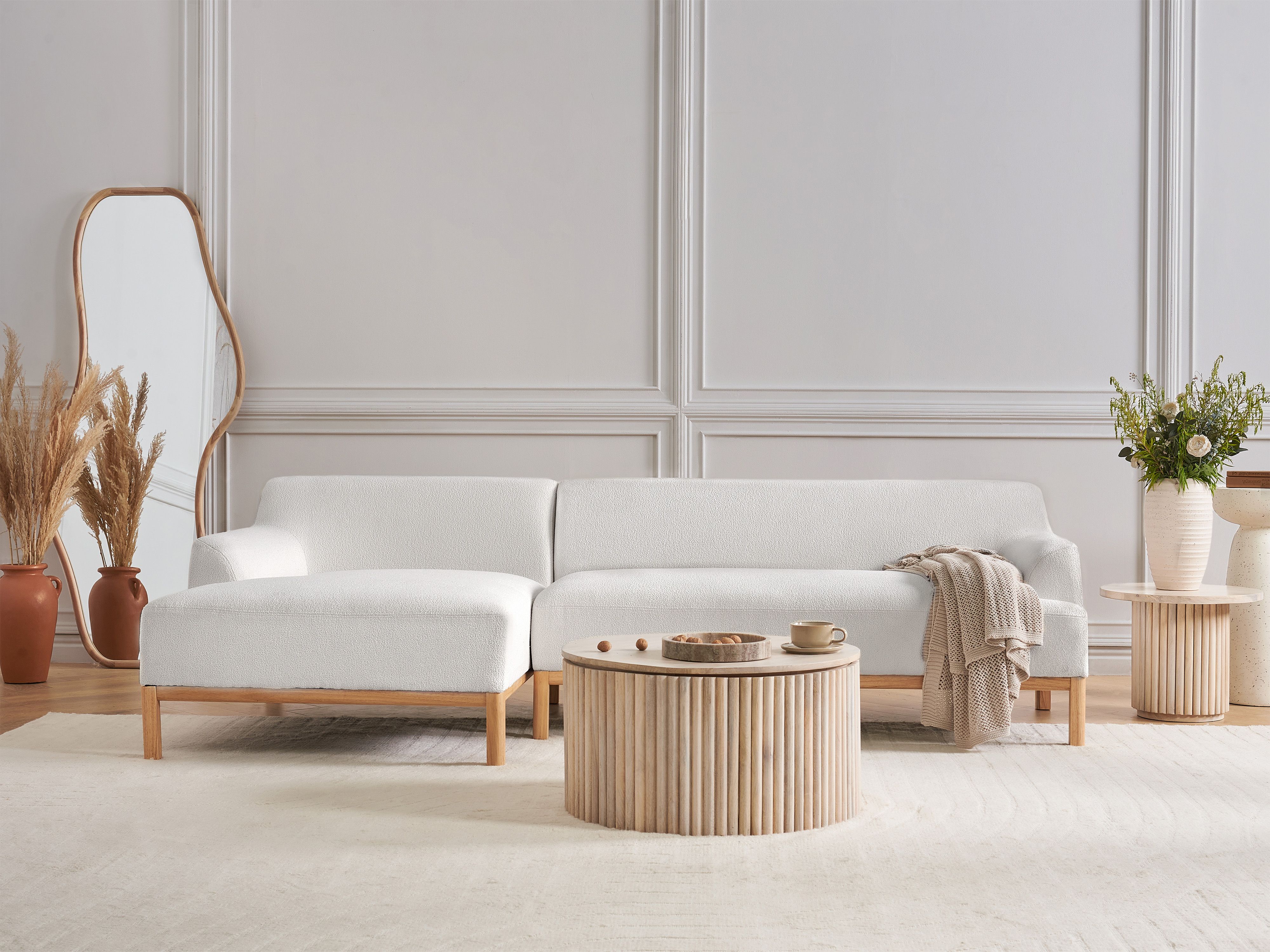 Corner Sofa 3 Seater SOSJO Boucle Off-White Right Hand