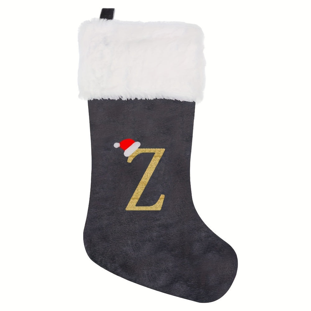 Gepersonaliseerde Fluwelen Kerstsok met Monogram – Modern Grijs Ontwerp