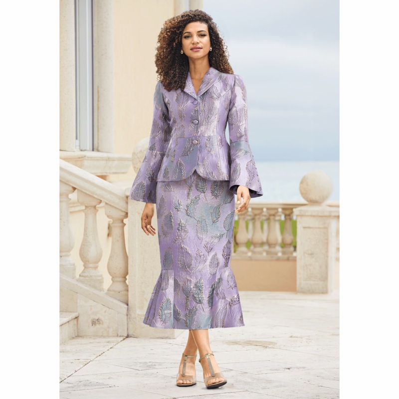 Averie Jacquard Skirt Suit Set with Peplum and Bell Sleeves - MIDNIGHT VELVET CATALOG