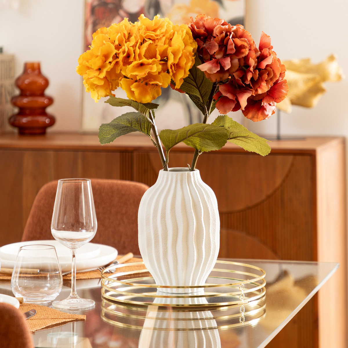 Striped vase "Fernan" Ceramic, White, H.22 cm