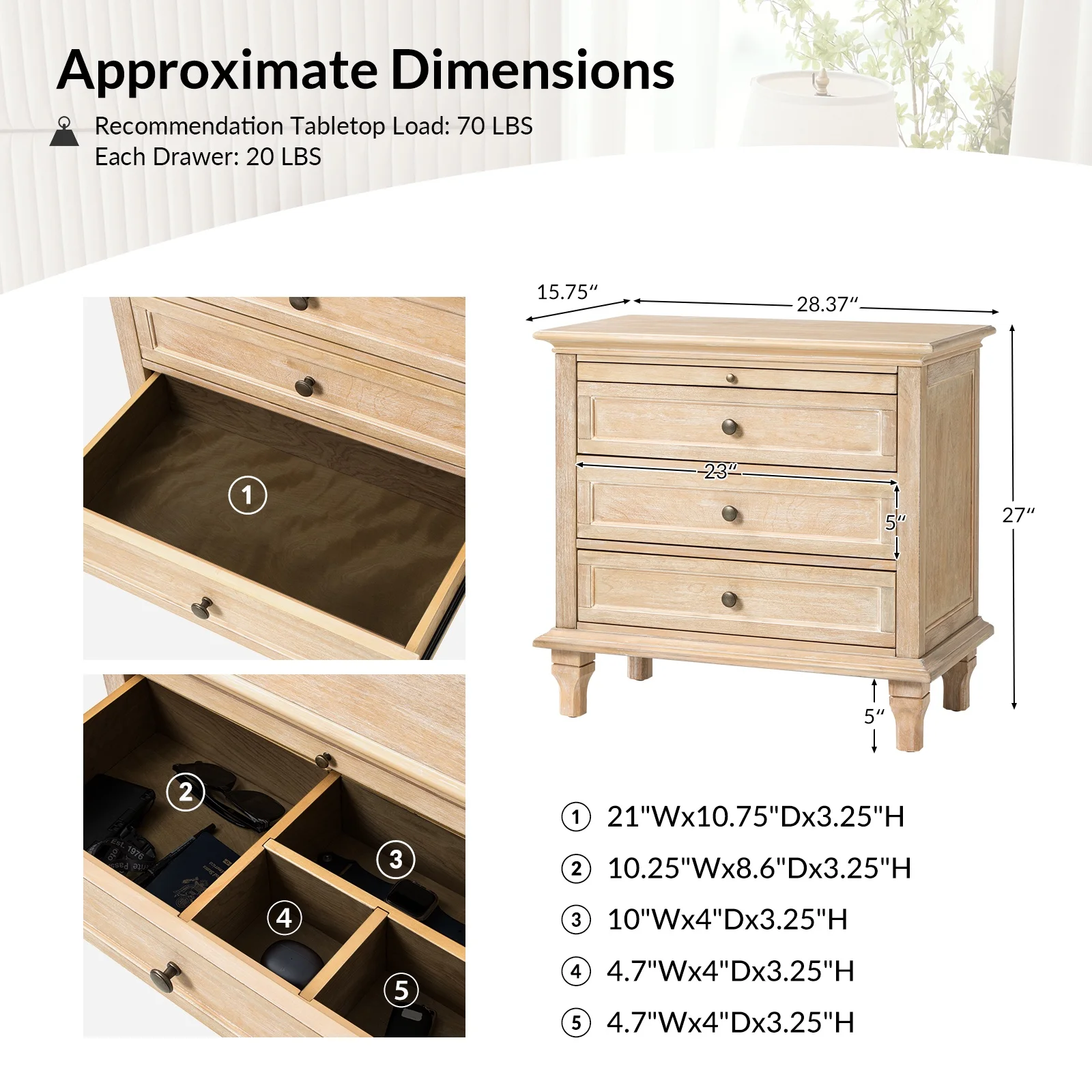 Farmhouse 3 Drawers Nightstand with Tray Bedside Table with Charging Station Acorn - Image 22