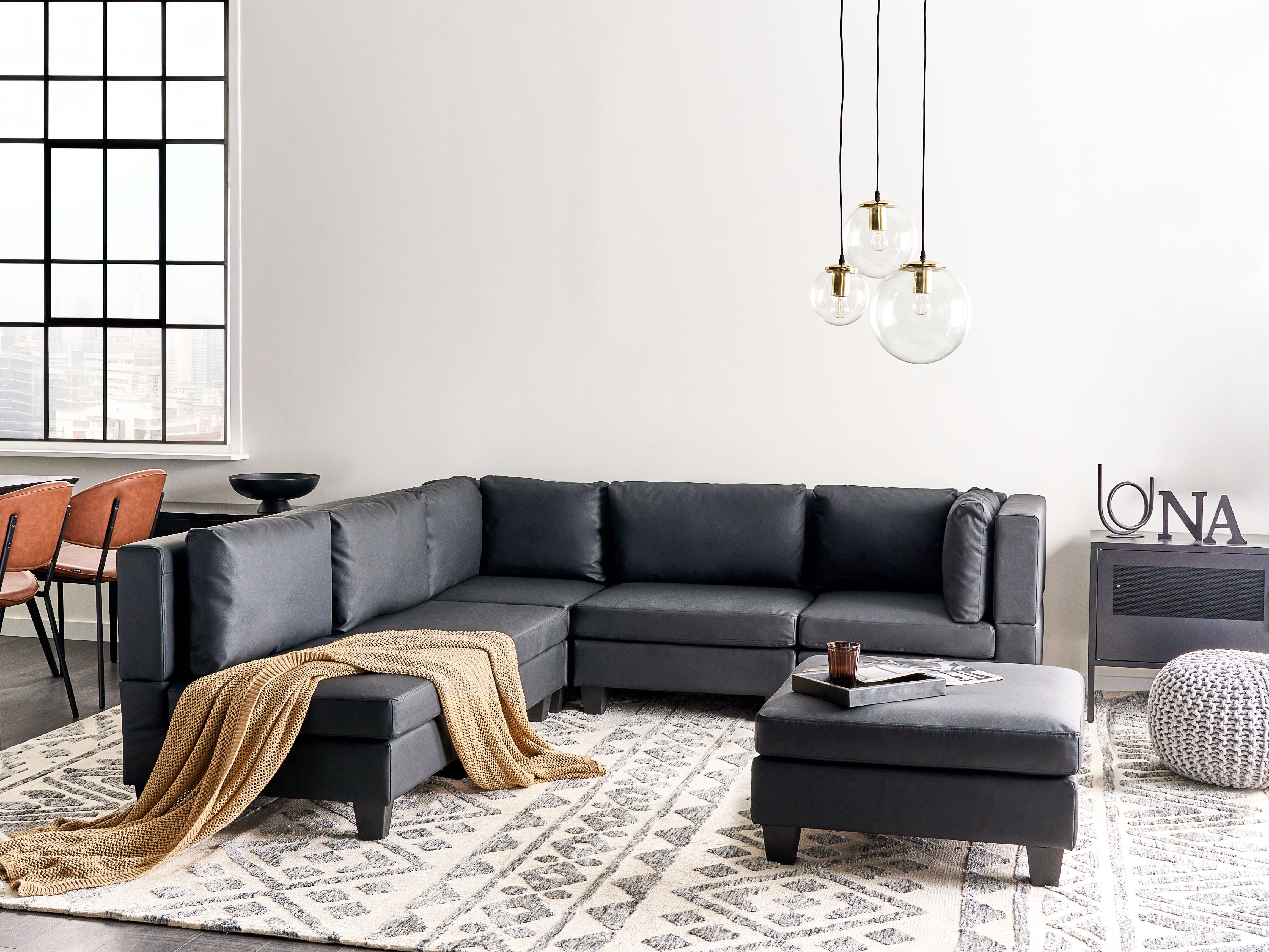 Modular Corner Sofa 5 Seater UNSTAD Faux Leather Black with Ottoman Right Hand
