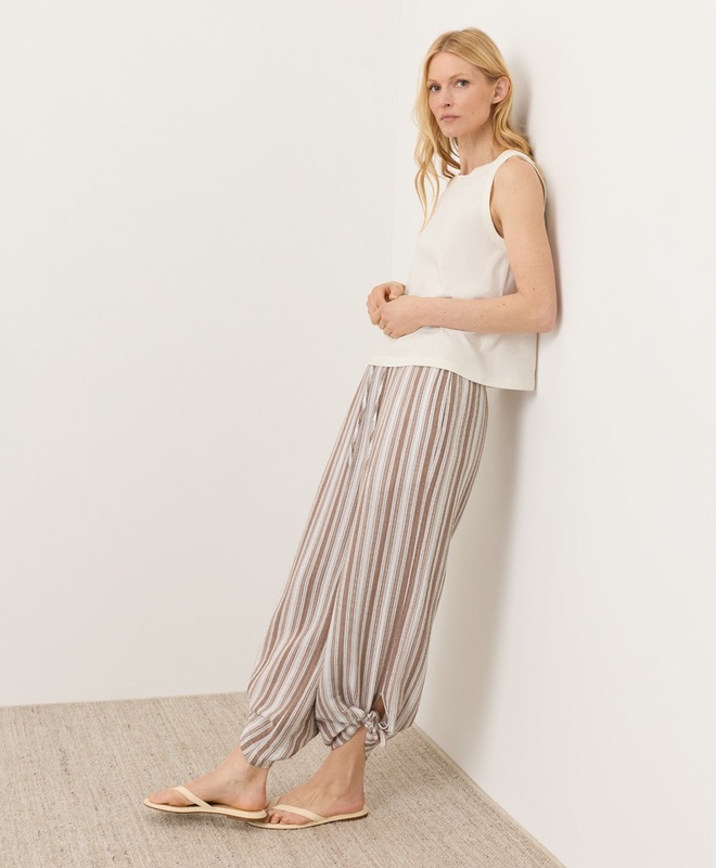 Organic Coastal Double Gauze Split Hem Pant - Coastal Stripe Driftwood Brown