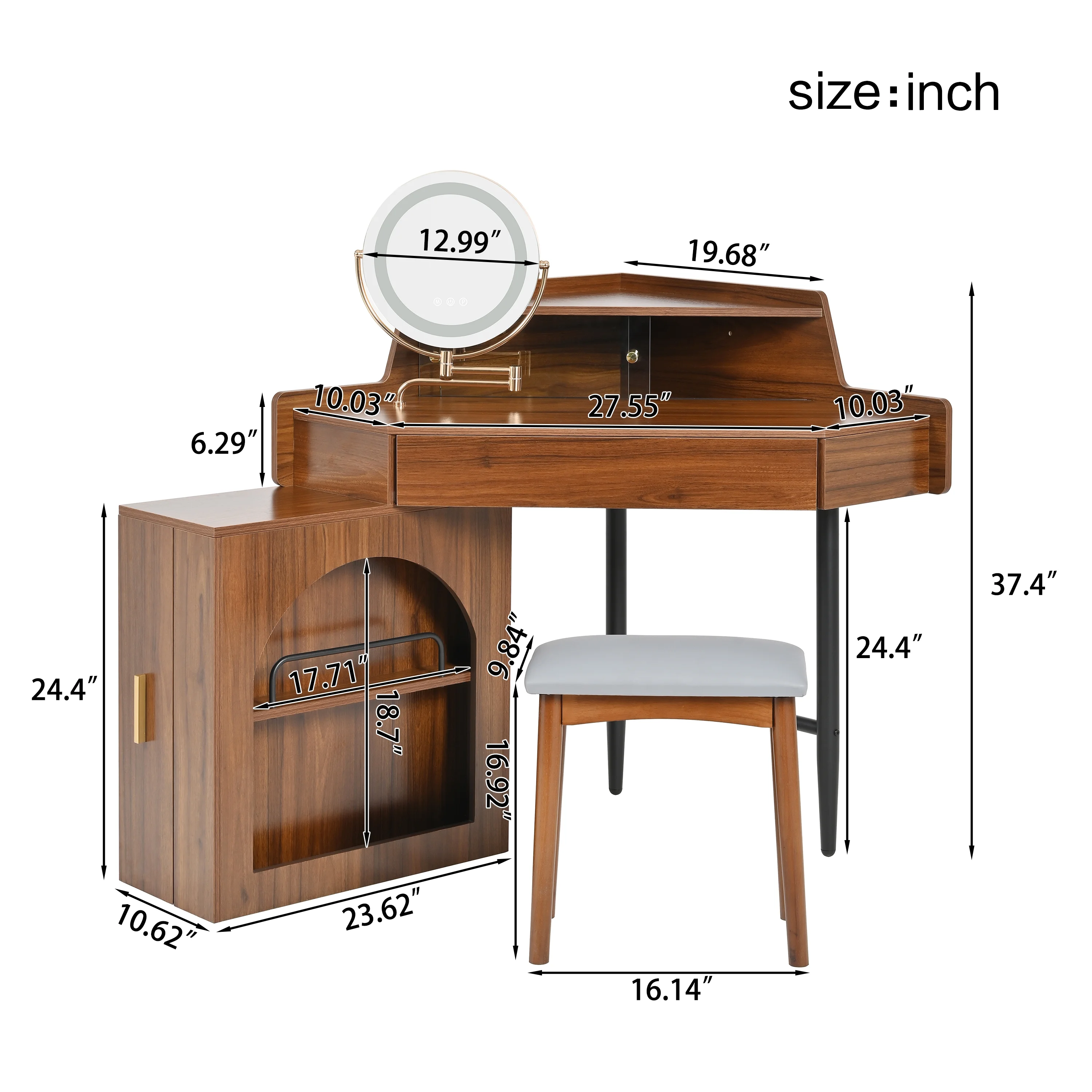 MODERNLUXE Corner Makeup Vanity Desk with Folding Mirror and Lights,Modern Vanity Set with 1 Stool,2 Drawers and 3 Shelves for Bedroom,Women, and Girls,Walnut - Image 7