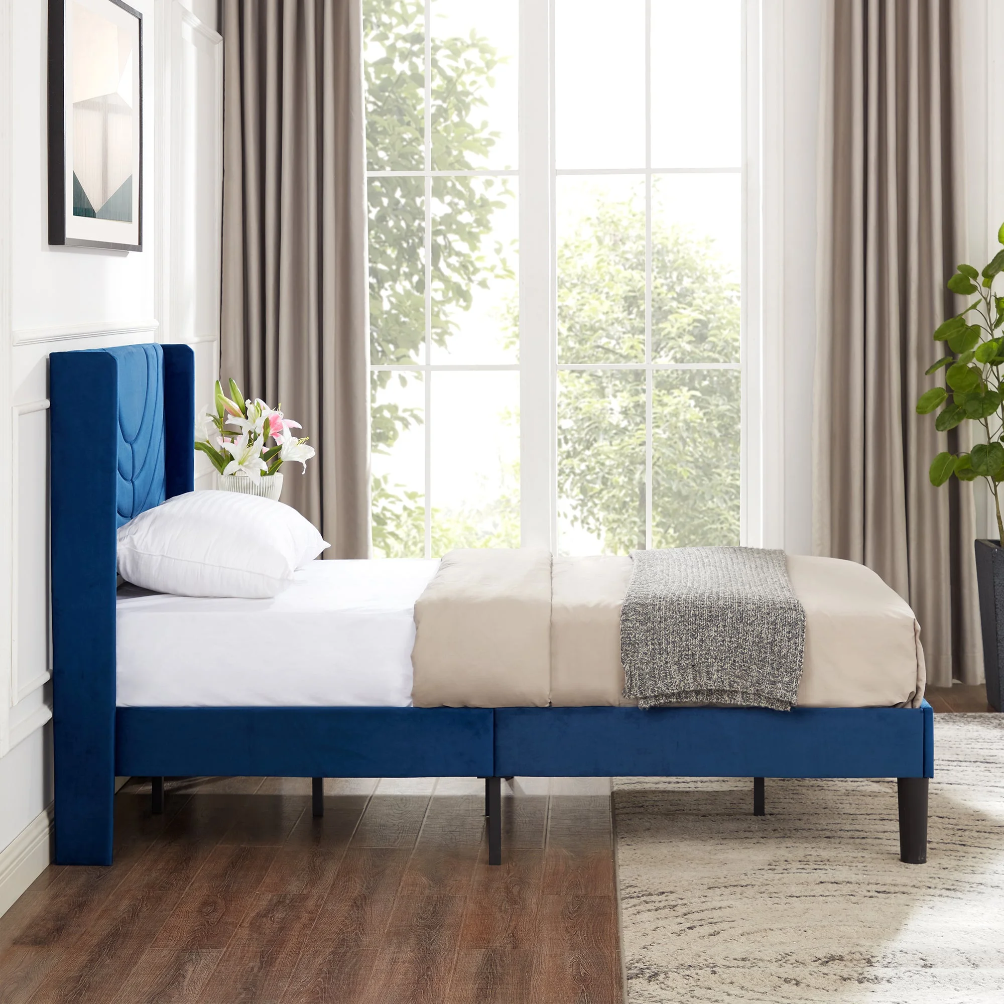 VECELO Set of 2 Twin Bed Frames, Modern Upholstered Platform Bed Frame with Tufted Headboard, No Box Spring Needed, Dark Green - Image 22