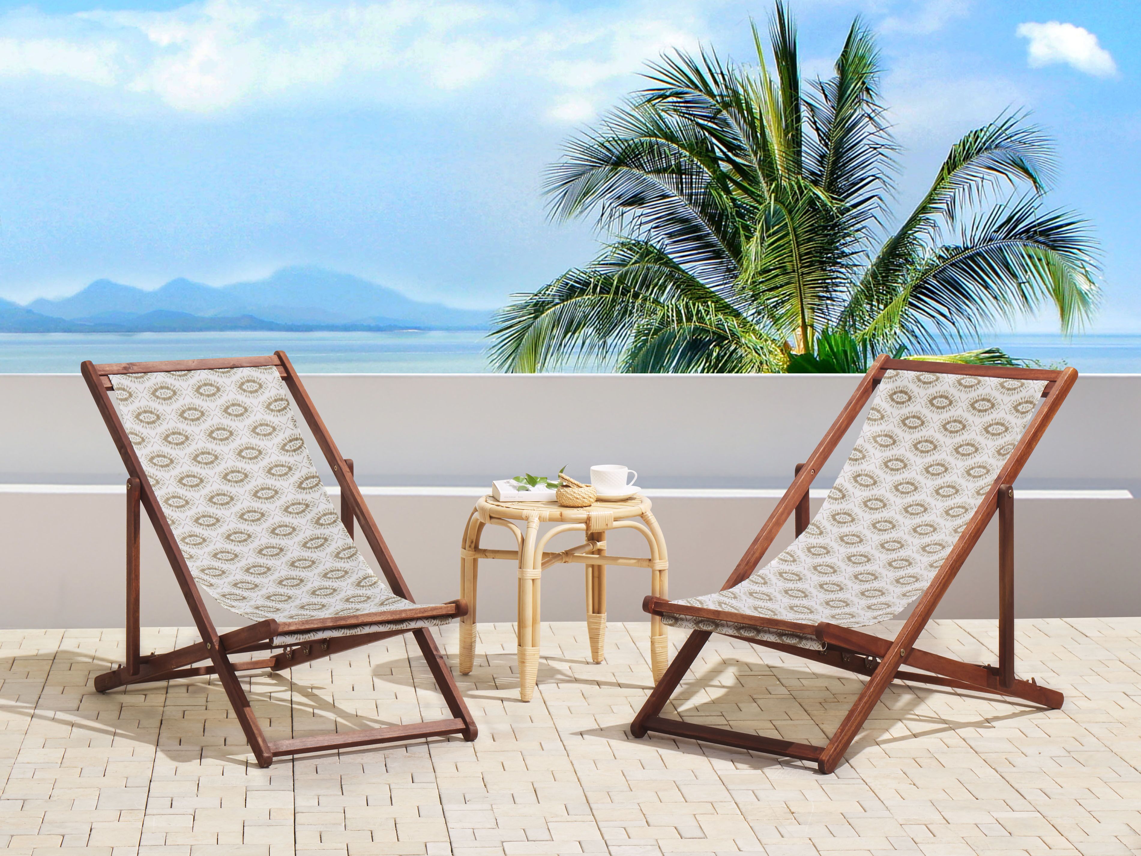 Set of 2 Folding Deck Chairs ANZIO with Replacement Fabrics Abstract Motif Acacia Wood Dark Brown